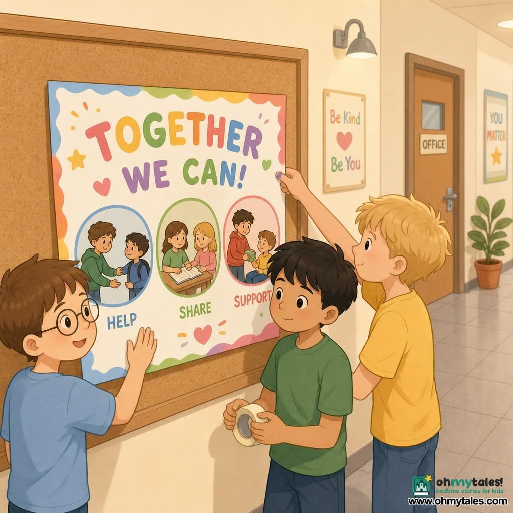 Three boys (about 11): left boy with short brown hair, round glasses and a light blue T‑shirt holding the poster's left corner and pressing it to stick while smiling; center boy with black hair in a fringe, tan skin and a green T‑shirt holding a roll of tape and looking at the poster; right boy with messy blond hair and a yellow T‑shirt adjusting the poster's right corner with a small ink stain on his finger. They are in a school corridor lit by warm lamps, cream walls with a child‑height corkboard, light gray tiled floor, an office door with a potted plant in the background and blurry school posters on the walls. The three boys are cooperatively putting up a large colorful poster on the board with rounded letters, a bright border and three small drawn vignettes showing helping scenes; their gestures are calm and focused, expressions gentle, creating a warm, encouraging atmosphere.