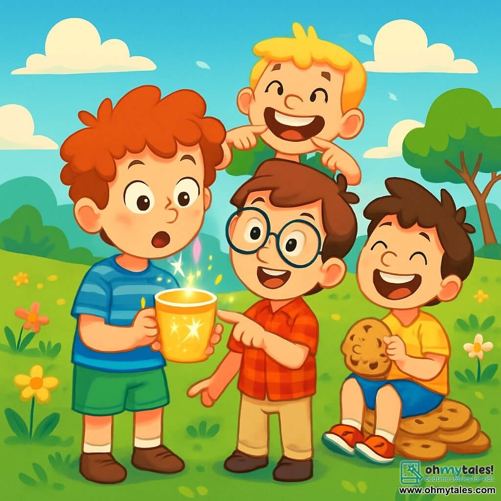 There are 4 children: Oliver, an 8-year-old boy with curly, messy hair, wearing a blue striped t-shirt and green shorts, holding a sparkling cup with wide eyes of surprise; Max, also 8, with round glasses sliding down his nose, dressed in a red checkered shirt and beige pants, pointing at the magical cup with a delighted smile; Sam, an 8-year-old boy with messy brown hair, wearing a yellow t-shirt and holding a giant cookie, sitting on a pile of cookies and laughing; and Leo, an 8-year-old boy with blonde hair and a big smile, wearing a green t-shirt, making a funny face behind Oliver and Max. The scene takes place in Misty Meadow, a green field dotted with colorful flowers swaying in the wind, under a bright blue sky with fluffy clouds. The main situation shows the children discovering the magical cup that sparkles brightly, with Oliver amazed by the cup emitting colorful sparks, while Max, Sam, and Leo approach with curiosity and excitement, ready for an incredible adventure.