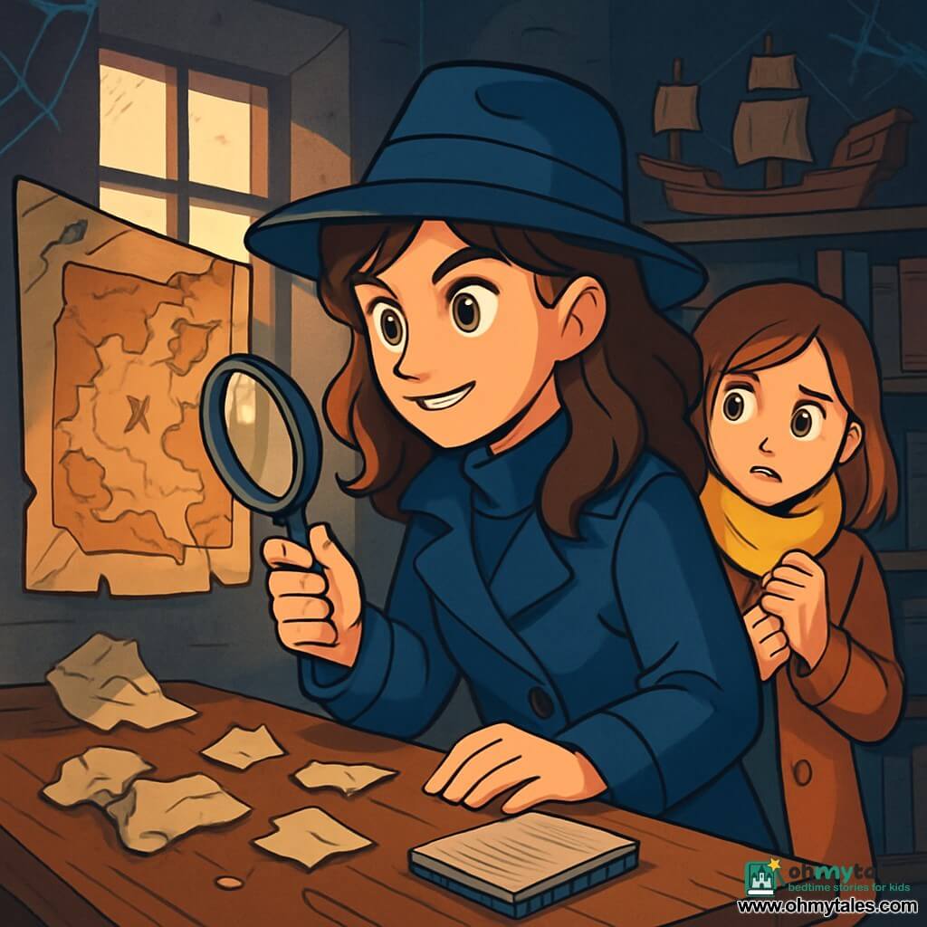 Clara, a 17-year-old girl with wavy brown hair, wears a navy detective coat and a felt hat. She has a determined and curious look, her eyes sparkling with excitement as she examines an old map on the wall. Next to her, Maya, a 16-year-old girl with a bright yellow scarf, looks on with a worried expression, her hands clutching her coat. She stands slightly back, watching Clara with admiration and nervousness. The setting is a dark, dusty room in an old museum, with shelves filled with ancient books and maritime objects on the walls. Soft light filters through a window, illuminating cobwebs in the corners. The main scene shows Clara discovering clues on a wooden table while Maya leans in to see what she has found. Crumpled pieces of paper and a small notebook are scattered around them, creating an atmosphere of mystery and adventure.