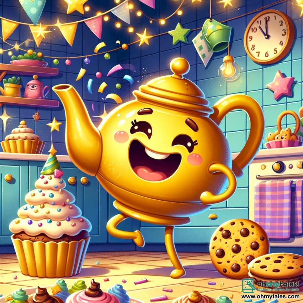 An illustration depicts a cheerful yellow ceramic teapot with a shiny spout and a bright smile, dancing enthusiastically in the center of a kitchen. It expresses great joy and palpable excitement, with its handles swaying joyfully. Next to it, a golden crispy cookie with chocolate chips twirls and laughs, its eyes sparkling with happiness. A pink cupcake, adorned with creamy frosting and sparkling sprinkles, stands proudly beside it, holding a tray of colorful cupcakes. The scene takes place in a warm and welcoming kitchen decorated with colorful garlands and balloons, featuring a table set for a party filled with treats and festive decorations. The main situation shows the characters preparing a New Year's surprise, surrounded by laughter and joy, while they decorate the kitchen with streamers and confetti, ready to welcome family for a magical celebration. Additional graphic elements include clocks striking midnight, twinkling stars on the ceiling, and festive lights illuminating the scene, creating an enchanted party atmosphere.