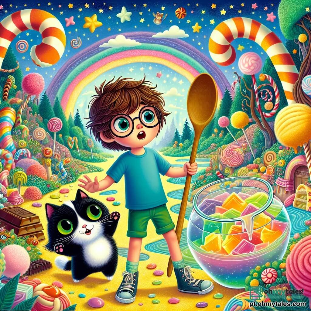 Um garoto de 12 anos, Lucas, com cabelos castanhos bagunçados e óculos redondos, está de pé no meio de uma floresta de doces coloridos, com os olhos arregalados de surpresa e alegria. Ele usa uma camiseta azul e um short verde, segurando uma grande colher de madeira como se estivesse pronto para mergulhar em uma sopa gigante de gelatina multicolorida. Ao seu lado, o Sr. Purr, um gato elegante com pelagem listrada preta e branca, está em suas patas traseiras, sorrindo maliciosamente, com olhos verdes brilhando de excitação. Um pequeno porquinho de marshmallow, chamado Biscoito, com orelhas em forma de doce, dança alegremente em um galho de chocolate, adicionando um toque de humor à cena. O lugar é uma floresta encantada onde as árvores são feitas de alcaçuz e os rios fluem com refrigerante, criando uma paisagem mágica e divertida. Nuvens de algodão doce flutuam no céu azul, e estrelas de açúcar brilham ao redor deles. A cena principal mostra Lucas e o Sr. Purr pulando em uma imensa sopa de gelatina, cercados por criaturas fantásticas, prontos para viver uma aventura incrível, com risadas e cores vibrantes preenchendo o ar.