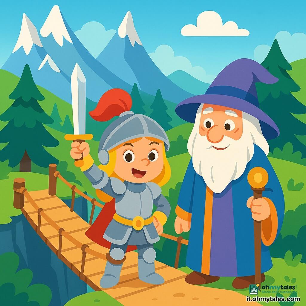 Una giovane cavalleressa, Aurora, si erge orgogliosamente al bordo di un ponte sospeso, la sua armatura scintillante riflette la luce del sole. Il suo viso è segnato da una determinazione splendente e da una luce di eccitazione nei suoi occhi brillanti. Brandisce una spada luccicante, pronta ad affrontare la sfida che l'attende. Accanto a lei, un vecchio mago dai lunghi capelli argentati e dalla folta barba, vestito con una tunica colorata, osserva con un sorriso benevolo. Tiene un bastone magico, pronto a darle consigli. Sullo sfondo, un paesaggio incantevole si dispiega: montagne maestose con cime innevate, foreste verdi e un cielo blu brillante punteggiato di nuvole soffici. Il ponte, fatto di legno antico, sembra tremare leggermente sopra un profondo dirupo, accentuando il suspense della scena. Aurora si prepara a attraversare il ponte, il cuore che batte di eccitazione e apprensione, mentre si accinge a affrontare la sfida che la porterà nella misteriosa Terra Incantata.