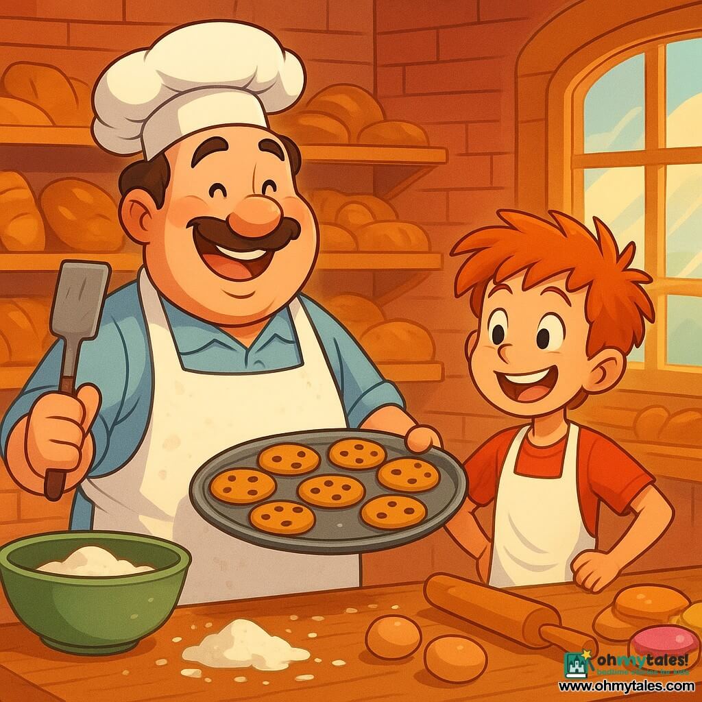A jovial man, Baker Bob, with a round belly and rosy cheeks, wears a white apron covered in flour. He smiles widely, his eyes sparkling with happiness, as he holds a spatula in one hand and a tray of golden cookies in the other. Next to him is an enthusiastic boy named Timmy, about 8 years old, with messy red hair and a big smile, wearing a small apron. He looks in awe at the cookies, hands on his hips, full of excitement. The scene takes place in a warm bakery with brick walls, shelves filled with golden bread and colorful pastries, and a large window letting in sunlight. The delicious smell of baking fills the air, creating a welcoming and joyful atmosphere. The main situation shows Baker Bob and Timmy preparing cookies together, surrounded by flour and ingredients, sharing laughter and moments of bonding, illustrating the magic of baking and the boy's learning experience.