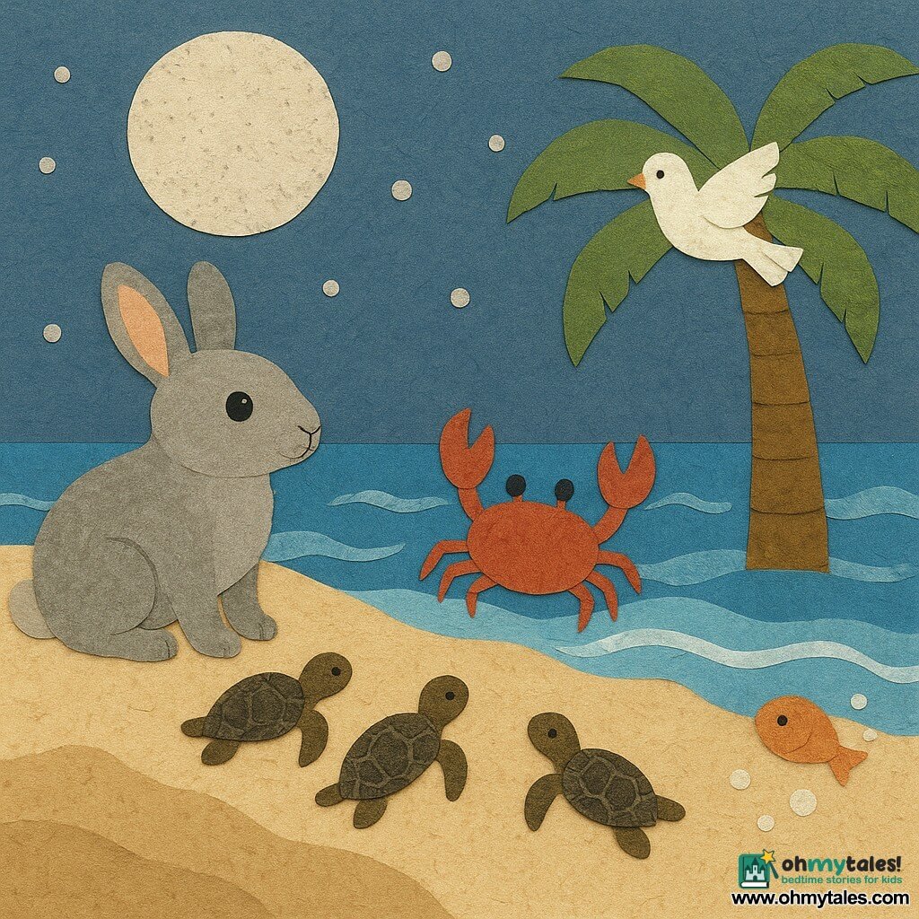 Clover, a small rabbit with soft gray fur and curious eyes, stands on a sand dune, watching in awe as baby turtles head to the sea. She looks determined and caring. Next to her, Sam the crab, with his shiny shell and raised claws, enthusiastically shows the turtles the way. Pippa the pigeon, perched on a palm tree, spreads her white wings to guide the baby turtles. Bubbles, the little fish, swims near the shore, creating bright bubbles in the clear water. The scene unfolds on a fine sandy beach, bathed in the moon's silvery light, with gentle waves caressing the shore. The baby turtles, with their small shiny shells, bravely move towards the ocean, following the path illuminated by the moon.