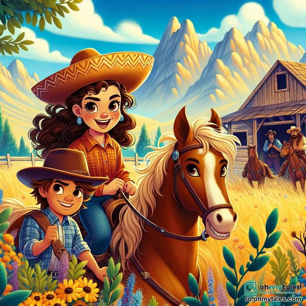 Clara, o tânără cowgirl de 12 ani, stă mândră pe calul ei mustang numit Tornado. Are părul lung și ondulat, o sombrero mare și un zâmbet hotărât pe față, arătându-și curajul și determinarea de a-și proteja satul. Lângă ea, Jake, un băiat de 11 ani cu părul castaniu și o cămașă în carouri, o privește cu admirație, pregătit să o ajute în aventură. Mediul lor este o vastă pajiște aurie, presărată cu flori sălbatice colorate, sub un cer albastru strălucitor, cu munți măreți în fundal. Scena are loc lângă un vechi hambar abandonat, unde se adună bandiți, creând o atmosferă de tensiune și excitație. Clara și Jake, ascunși în spatele unor arbuști, se pregătesc să-i surprindă pe bandiți, ilustrându-și curajul și spiritul de echipă în fața pericolului.