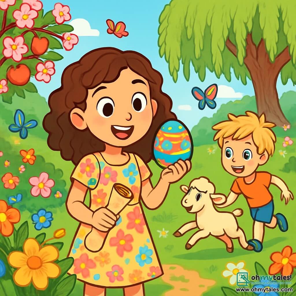 A 12-year-old girl, Ellie, with curly brown hair and sparkling eyes full of curiosity, stands in the middle of an enchanted garden. She wears a floral spring dress, and her face expresses wonder as she discovers a magical egg with colorful patterns. Next to her, her 6-year-old brother Max, with messy blonde hair and a cheeky smile, chases a lamb that is joyfully frolicking near a blooming apple tree. The garden is filled with vibrant flowers, colorful butterflies fluttering around, and an old weeping willow that seems to whisper secrets. In the background, a majestic tree stands tall, its wide branches providing gentle shade. Fascinated, Ellie holds a scroll in her hand, ready to solve a magical riddle that could lead her to an incredible adventure.
