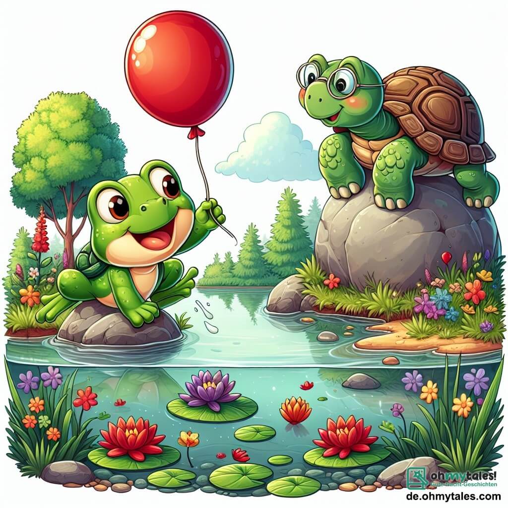 Eine kleine grüne Frosch namens Felix, mit großen runden Augen und einem fröhlichen Lächeln, springt begeistert am Rand eines Teiches und hält einen glänzenden roten Ballon in seinen Füßen. Neben ihm sitzt eine weise alte Schildkröte mit einem rauen Panzer und runden Brillen, die Felix wohlwollend beobachtet und bereit ist, ihm Ratschläge zu geben. Die Umgebung ist ein friedlicher Teich, umgeben von bunten Blumen, schwimmenden Seerosen und grünen Bäumen, die sich im klaren Wasser spiegeln. Felix, ganz fröhlich, hat gerade seinen roten Ballon wiedergefunden, der an der Wasseroberfläche schwimmt, und ist bereit, einzutauchen, um ihn zu holen und wieder zu spielen.