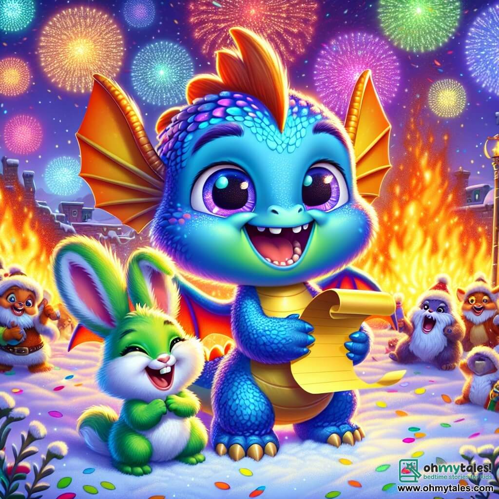 A small blue dragon with shiny scales and bouncy wings, named Fizzy, smiles with sparkling eyes of joy. He is holding a large golden leaf with his New Year's resolutions written on it, surrounded by colorful confetti floating in the air. Next to him, an adorable green rabbit named Jumble, with big fluffy ears and a bright smile, holds a small list in his paws, laughing joyfully. The scene takes place in a snowy field, illuminated by twinkling lanterns of all colors, with animal friends in the background, like round trolls and mischievous foxes, dancing and having fun around a large bonfire. Fizzy and Jumble are celebrating the magic of New Year's together, surrounded by laughter and bright fireworks lighting up the night sky, creating a festive and warm atmosphere.