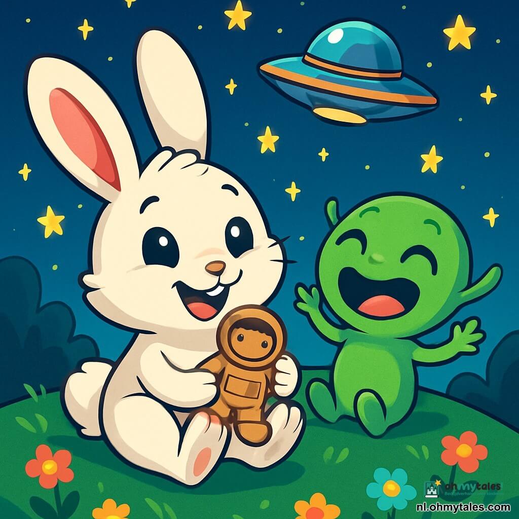 Flappie, een klein konijntje met grote oren en een zachte, witte vacht, ligt in het groene gras met glanzende ogen van verwondering. Hij houdt een klein houten astronautenbeeldje, genaamd Bofje, tegen zijn hart en toont een blije en nieuwsgierige glimlach. Naast hem lacht Giechel, een groene alien met grote, sprankelende ogen, uit volle borst, met zijn kleine handen omhoog in een teken van vreugde. Ze worden omringd door kleine, fonkelende sterren die uit de nachtelijke lucht vallen, wat een magische sfeer creëert. De scène speelt zich af op een zachte heuvel onder een sterrenhemel, waar het gras bezaaid is met kleurrijke bloemen die zwakjes in de nacht glanzen. De hoofdscène toont Flappie en Giechel die een moment van saamhorigheid delen, samen lachen en de mysteries van het heelal ontdekken, terwijl een stralend ruimteschip zachtjes boven hen zweeft.