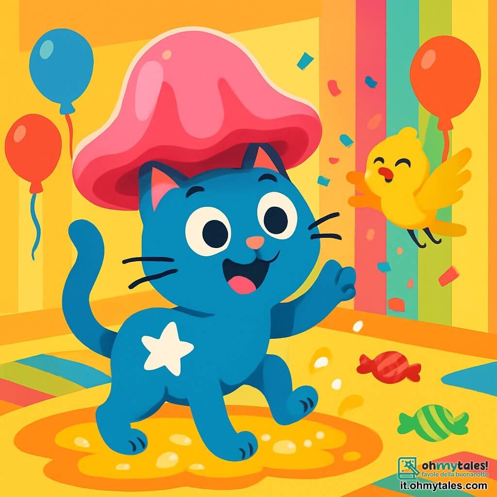 Un gatto blu vivace con una stella bianca sulla schiena, dagli occhi rotondi e curiosi, indossa un grande cappello di gelatina rosa che vibra al vento. Ha un sorriso malizioso e sembra sorpreso, come se avesse appena scoperto un tesoro. Accanto a lui, un piccolo uccello giallo dalle piume brillanti, con un'aria divertita e occhi scherzosi, vola in cerchi attorno al gatto, lanciando coriandoli colorati. Sullo sfondo, una stanza ludica piena di tappeti multicolori, muri a righe di tutte le tonalità dell'arcobaleno e palloncini fluttuanti che cantano gioiosamente. La scena mostra il gatto che, ridendo, cerca di mantenere l'equilibrio su un tappeto trasformato in una grande pozzanghera di limonata frizzante, mentre caramelle danzano intorno a loro, creando un'atmosfera festosa e stravagante.