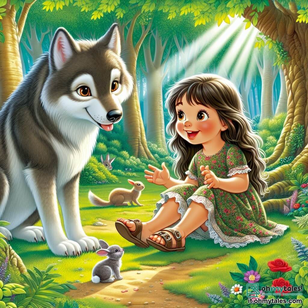 Una bambina di 6 anni, di nome Sofia, con lunghi capelli castani e occhi pieni di curiosità, sorride felice mentre gioca in una radura soleggiata nel bosco. Indossa un vestito colorato a fiori e sandali, accovacciata pronta a accarezzare un coniglietto ai suoi piedi. Accanto a lei, un grande lupo dal pelo grigio e morbido, con occhi caldi ed espressivi, si tiene leggermente in disparte, mostrando un'espressione amichevole e un sorriso timido. È seduto sulle zampe posteriori, osservando Sofia con ammirazione. La scena si svolge in una radura verdeggiante, circondata da alberi maestosi con foglie brillanti, dove i raggi di sole filtrano attraverso il fogliame, creando motivi luminosi sul terreno. Fiori colorati punteggiano il suolo, aggiungendo un tocco di magia all'ambiente. La situazione principale mostra Sofia e il lupo che giocano insieme, illustrando un momento di complicità e gioia, dove l'amicizia nascente tra una bambina e un lupo un tempo temuto è messa in risalto, simboleggiando la bellezza dell'accettazione e della gentilezza.