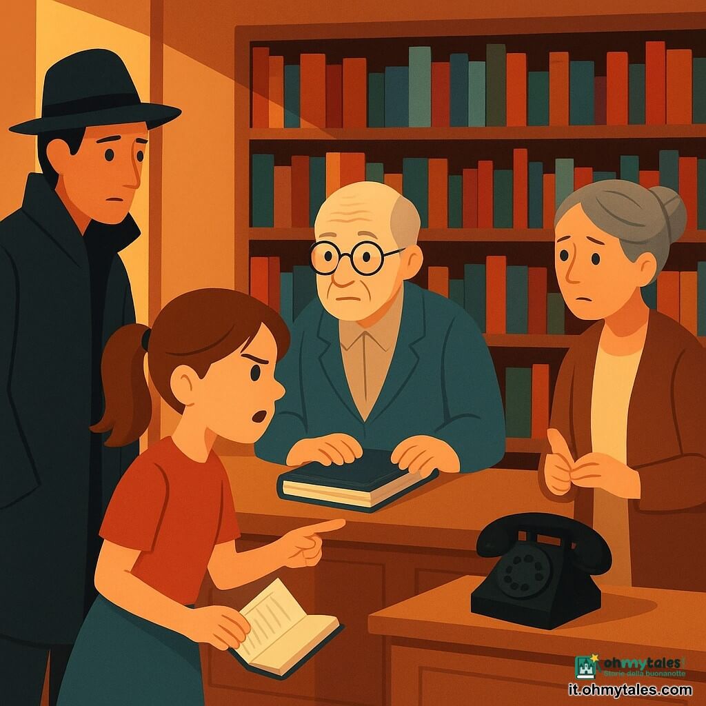 Una bambina, Nina, circa 10 anni, capelli castani raccolti in coda, sguardo concentrato, tiene un piccolo taccuino e indica con il dito un segnalibro con una piuma blu; il libraio Signor Olmi, circa 60 anni, volto rugoso e occhiali rotondi, è dietro il bancone di legno, sollevato ma diffidente, con le mani sul libro chiuso "Diario di Nebbia"; la professoressa Lidia Berti, circa 45 anni, capelli grigi raccolti in uno chignon, aria contrita, sta vicino agli scaffali con un piccolo segnalibro e si china leggermente verso Nina; un uomo misterioso, circa 40 anni, con cappello scuro decorato da una spilla a forma di foglia e lungo cappotto, sorriso troppo educato e atteggiamento esitante, è alla porta a sinistra del bancone con lo sguardo sfuggente; la libreria è un interno caldo con scaffali di legno pieni di libri colorati, una grande vetrina con un cartoncino e una piuma blu sulla cornice, luce dorata che entra dalla finestra, tappeto a motivi e un vecchio telefono sul bancone; la scena ritrae una calma confrontazione: Nina interpella l'uomo col cappello mentre il libraio osserva, la professoressa attende e il libro raro giace chiuso sul bancone, tensione lieve, composizione centrale, colori caldi e contrasti netti, forme semplici e linee chiare.