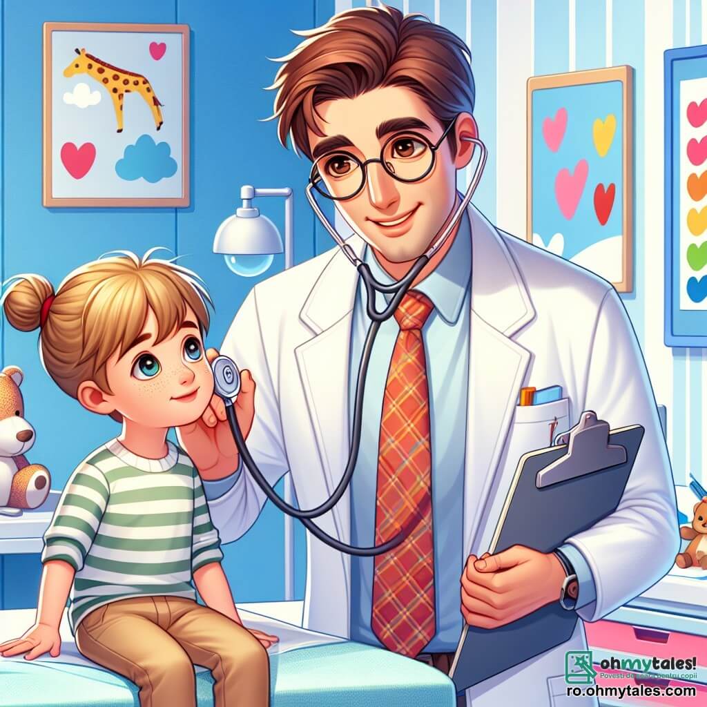 Personajul principal este doctorul Andrei, un bărbat de aproximativ treizeci de ani, cu păr brun și ochelari rotunzi. Poartă un halat alb și afișează un zâmbet cald, arătând atât concentrare, cât și bunăvoință în timp ce examinează un pacient tânăr. Lângă el se află Maria, o femeie de aproximativ 25 de ani, asistentă medicală, cu păr blond prins în coc și purtând un halat roz. Ea ține un clipboard și îl observă atent pe Andrei, pregătită să-l ajute. Scena are loc într-o cameră de consultație luminoasă a unui spital pentru copii, cu pereți vopsiți în culori vii, desene cu animale și nori, și jucării împrăștiate pe o etajeră. Situația principală îl arată pe Andrei ascultând inima lui Luca, un băiat de șapte ani, așezat pe masa de examinare. Luca are păr castaniu și o privire curioasă, puțin îngrijorată, dar confortat de prezența medicului. Atmosfera este atât profesională, cât și caldă, ilustând devotamentul doctorului față de pacienții săi tineri.