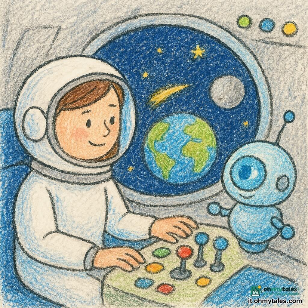Nora è una donna alta e calma, volto dolce con un piccolo sorriso, in tuta spaziale bianca con casco a visiera trasparente mentre sfiora un cruscotto con pulsanti colorati; ha occhi rassicuranti, gesti lenti e siede vicino a un grande oblò. Un piccolo robot rotondo e amichevole fluttua accanto al sedile, corpo metallico pastello e occhio luminoso blu, indicando con un'antenna il pannello di controllo. Il cockpit è accogliente e colorato, pareti grigio chiaro, sedili blu, leve tonde e tre luci lampeggianti verde, blu e gialla sul quadro. Fuori, attraverso l'oblò, la Terra blu sembra una sfera brillante, una luna grigia è vicina e una scia di stelle conduce verso una piccola stella dorata; una nube di polvere spaziale scintilla come glitter. La scena mostra Nora che sceglie tra tre rotte luminose, espressione serena, atmosfera dolce e sognante, sensazione di viaggio calmo e sicuro.