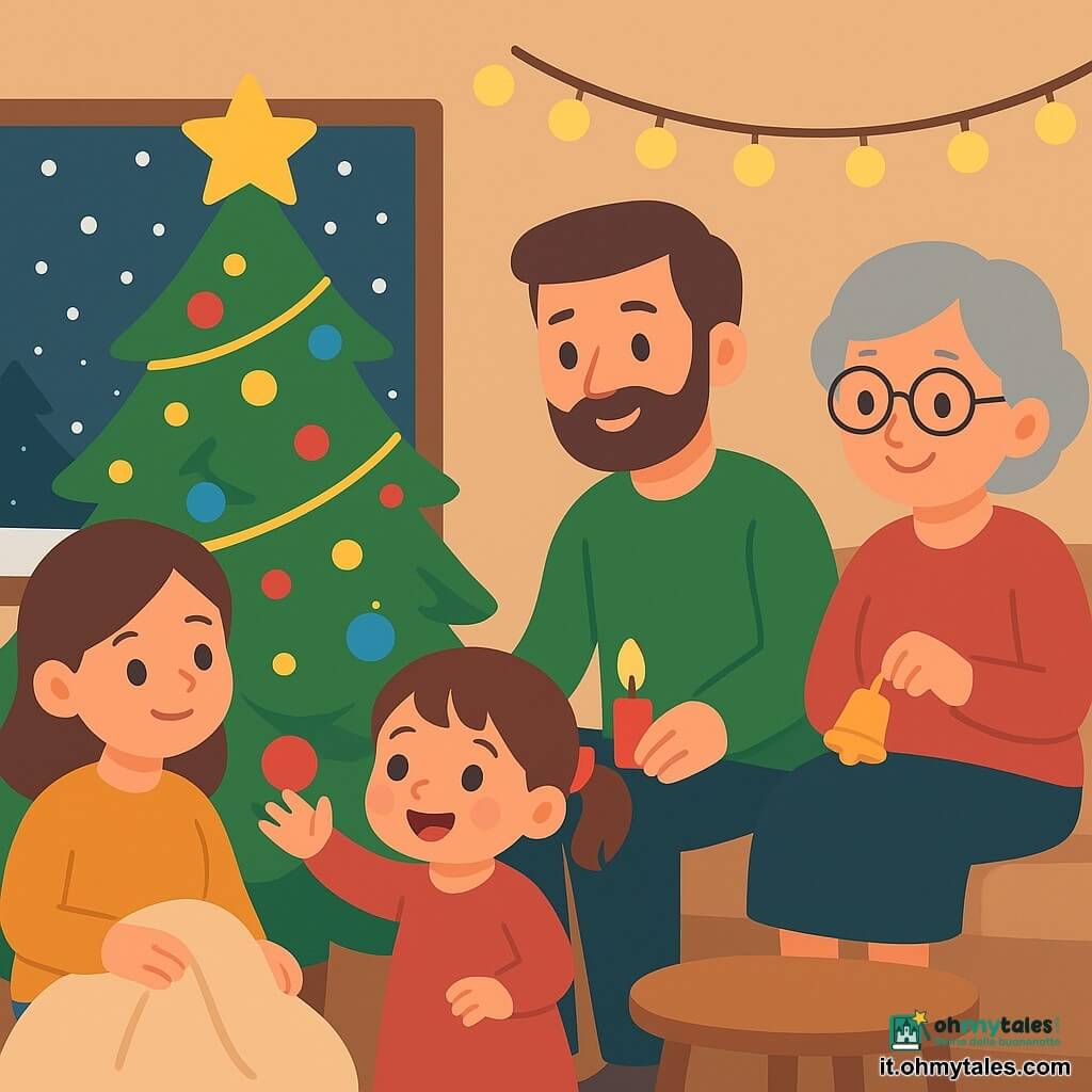 Una bambina di 2 anni, di nome Lila, con guance rosse e occhi scintillanti, tocca una palla di Natale rossa su un albero. È meravigliata, un ampio sorriso illumina il suo volto. Sua mamma, una donna sui trent'anni con capelli castani e un dolce sorriso, è accanto a lei, tenendo una coperta morbida. Il papà, un uomo sui trent'anni con una barba corta, accende una piccola candela sul tavolo. La nonna, una signora con capelli grigi e occhiali rotondi, suona un piccolo carillon, seduta su un divano. La scena si svolge in un salotto accogliente, decorato con ghirlande luminose e un grande albero di Natale coperto di palline colorate. La neve cade dolcemente all'esterno, visibile attraverso una grande finestra. L'atmosfera è dolce e festosa, con luci scintillanti e colori caldi.