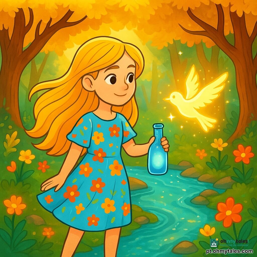 Uma jovem chamada Lúcia, com longos cabelos dourados como raios de sol, está à beira de um riacho cintilante. Seu rosto expressa uma doce determinação, com olhos brilhantes de empatia. Ela usa um vestido leve, adornado com flores coloridas, que dança com o vento. Ao lado dela, um espírito luminoso, parecido com um pequeno pássaro de luz, bate as asas com alegria, emitindo faíscas brilhantes. Ele parece livre e feliz, flutuando ao redor de Lúcia como um amigo fiel. O cenário é uma floresta encantada, onde árvores majestosas com troncos torcidos se erguem, cobertas de folhas douradas. Flores luminescentes iluminam o solo, e pedras cintilantes bordam o riacho, criando uma atmosfera mágica e serena. A cena principal mostra Lúcia segurando uma garrafa de vidro azul, de onde emana uma luz suave, enquanto liberta o espírito aprisionado. Os raios de sol filtram-se através dos galhos, acrescentando um toque de magia a esta cena emotiva de liberdade e amizade.