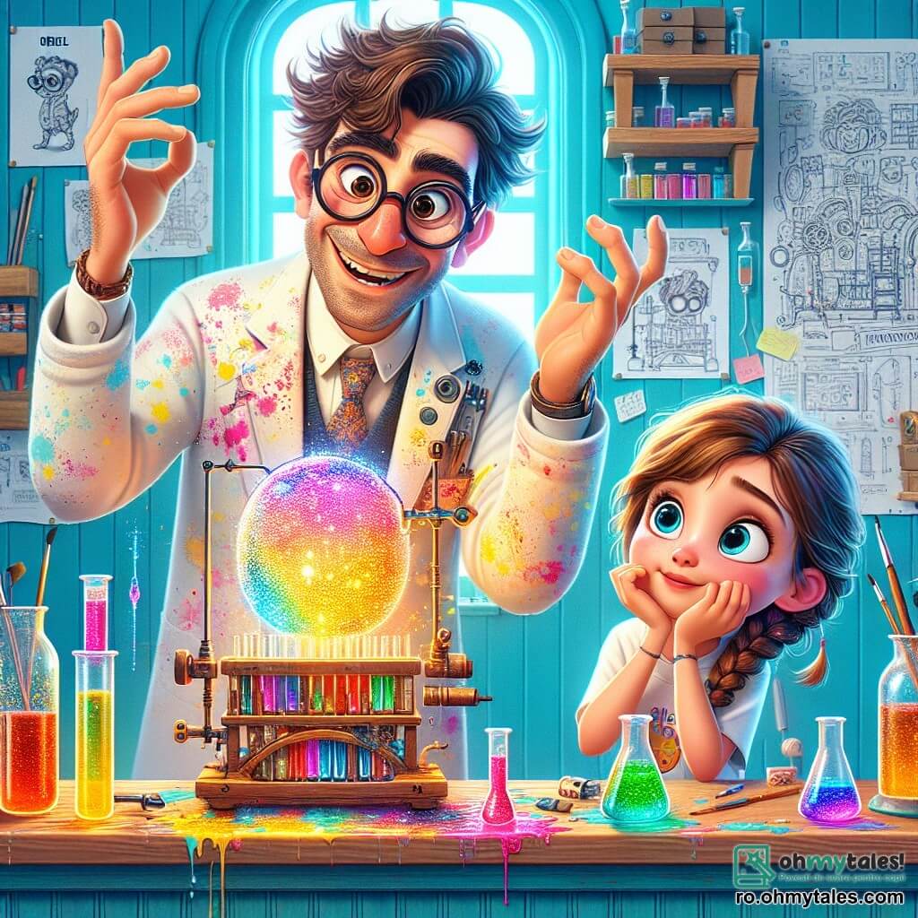 Un bărbat, Dorel, se află în centrul imaginii, cu ochi mari și rotunzi în spatele ochelarilor groși și cu părul zbârlit. Poartă un halat de laborator alb, pătat cu vopsea, și zâmbește entuziast, cu mâinile ridicate, pregătit să-și dezvăluie invenția. Lângă el, Mara, o fetiță de 8 ani cu părul brun împletit și un tricou colorat, privește cu curiozitate aparatul strălucitor care scintilează în mii de culori. Laboratorul este un loc vibrant, cu pereți vopsiți în albastru deschis, plini de desene și scheme ale invențiilor. Pe rafturile din lemn sunt borcane cu lichide colorate și diverse unelte. O fereastră mare lasă lumina soarelui să intre, iluminând camera cu o atmosferă veselă și creativă. Dorel și Mara testează invenția lui Dorel, un aparat ciudat cu butoane multicolore și țevi răsucite, pregătit să transforme gândurile lor în baloane colorate. Bule de bucurie plutesc în jurul lor, gata să zboare și să aducă zâmbete tuturor celor care le vor vedea.