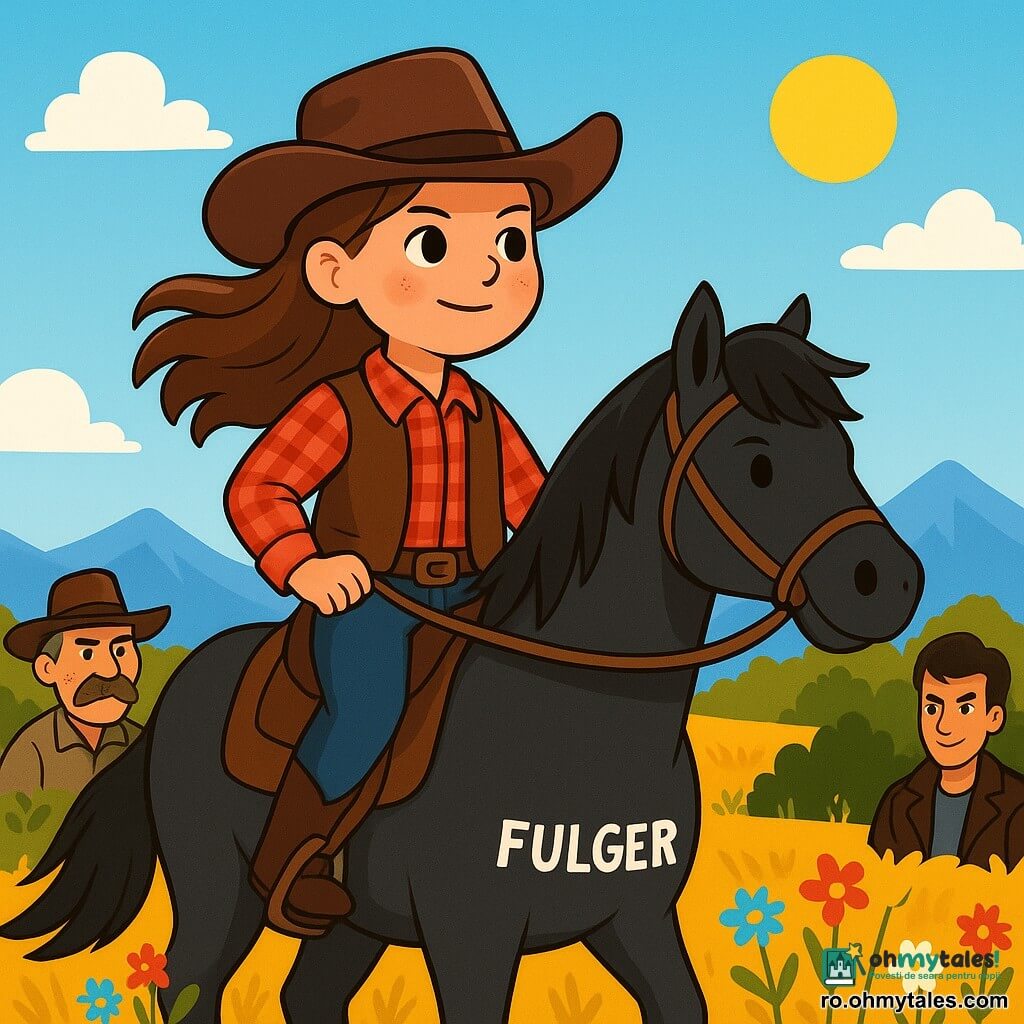 O fată cowboy curajoasă, Maria, de aproximativ 10 ani, stă mândră pe calul ei negru numit Fulger. Ea poartă o pălărie de cowboy din piele, o cămașă în carouri roșie și o vestă din piele, având o expresie hotărâtă și încrezătoare pe față. Părul ei castaniu flutură în vânt, iar ea privește în depărtare, pregătită pentru aventură. Aproape, doi bandiți, unul de aproximativ 30 de ani cu o mustață mare și o pălărie uzată, și celălalt, un tânăr de 20 de ani cu o jachetă din piele și un zâmbet ștrengar, stau în spate, observând-o pe Maria cu curiozitate. Fundalul este o vastă pajiște aurie, presărată cu flori sălbatice colorate, sub un cer albastru strălucitor unde soarele strălucește intens. La orizont, se conturează munți majestuoși, adăugând o notă de mister scenei. Situația principală o arată pe Maria, hotărâtă să traverseze pajiștea pentru a livra un mesaj important, în timp ce bandiții ezită, intrigati de curajul ei. Atmosfera este plină de tensiune, dar și de speranță, în timp ce fata cowboy avansează cu încredere.