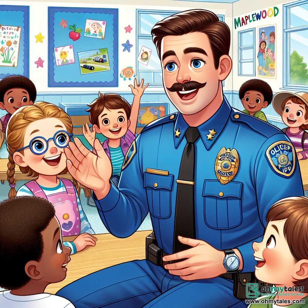 A smiling police officer in his thirties, with a well-groomed mustache and brown hair, is wearing a bright blue uniform and a shiny badge. He is enthusiastically speaking to a group of children, his eyes sparkling with joy and kindness. Among the children, an 8-year-old girl with braided blonde hair raises her hand with a big smile, eager to ask a question. Next to her, a 9-year-old boy with round glasses and brown hair listens attentively, his eyes wide with admiration. The scene takes place in a bright room at the Maplewood Community Center, decorated with colorful ornaments and children's drawings on the walls, creating a joyful and welcoming atmosphere. The officer explains his job to the children, sharing captivating stories about his adventures, while the children listen with fascination, their faces lit up with excitement and curiosity.