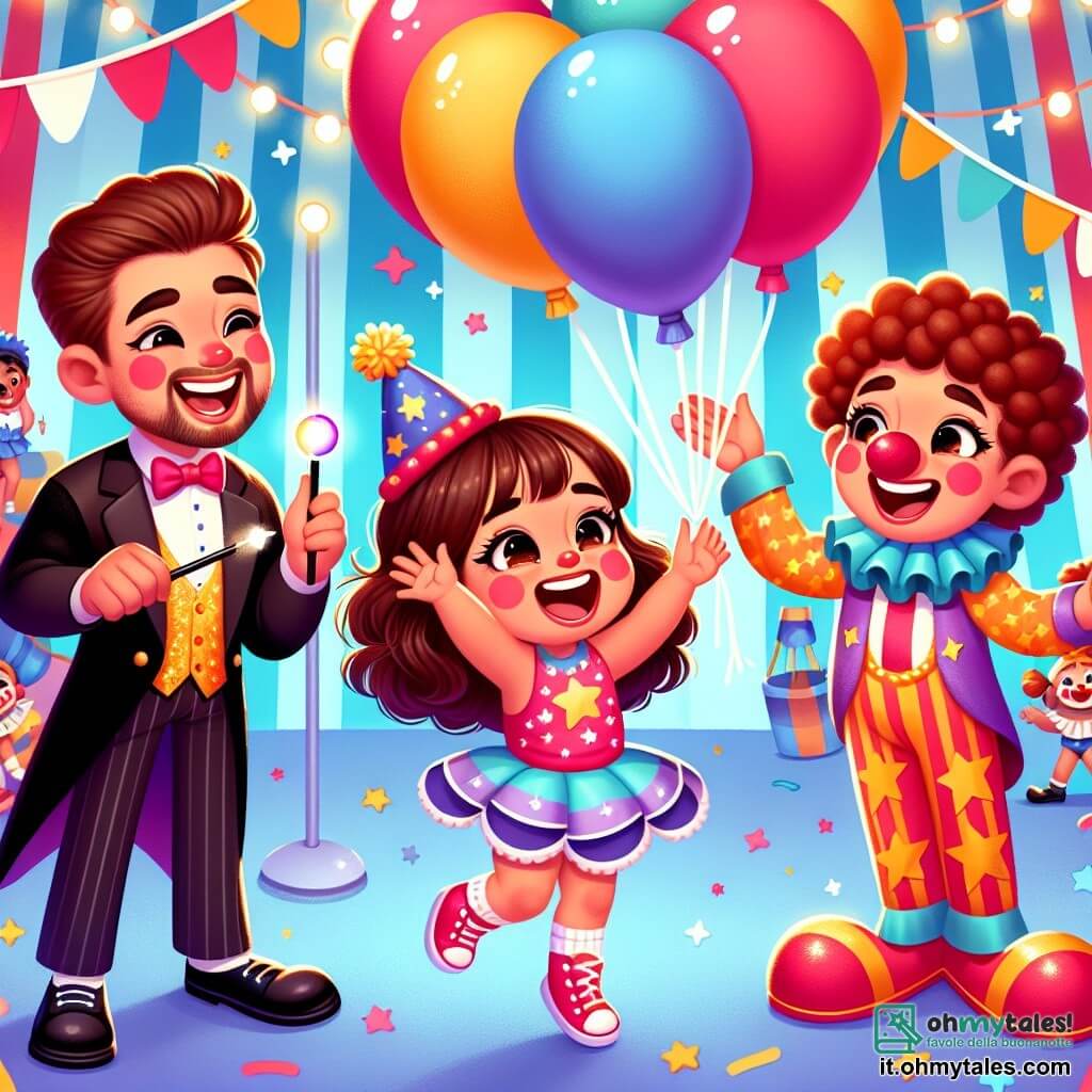 Una bambina di un anno, di nome Mia, con grandi occhi scintillanti e capelli ricci, indossa un piccolo cappello da clown rosso e blu. Ride a crepapelle, con le braccia alzate, cercando di far volare un palloncino colorato che scappa verso il cielo. Accanto a lei, un mago sorridente di circa 30 anni, vestito con un costume nero e un mantello stellato, tiene una bacchetta magica. Guarda Mia con benevolenza, pronto ad aiutarla a realizzare i suoi sogni di magia. Un clown gioioso, di circa 25 anni, con un naso rosso vivo e grandi scarpe, danza intorno a loro, facendo gesti divertenti per far ridere ancora di più Mia. La scena si svolge in un circo colorato, pieno di tende a righe, luci scintillanti e coriandoli che fluttuano nell'aria. In lontananza, si vedono animali da circo e altri artisti che si preparano per lo spettacolo. Mia, meravigliata, cerca di saltare come un funambolo, mentre il mago e il clown la incoraggiano con sorrisi, creando un'atmosfera gioiosa e magica.