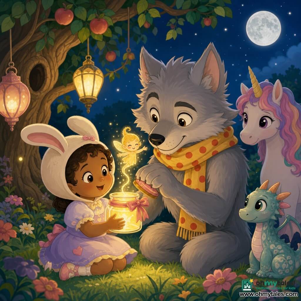 A gentle, furry male werewolf named Wally, light gray with fluffy ears and a yellow scarf with red polka dots, gently opens a small glowing glass jar on the grass with one paw on the lid ribbon; to his left Mina, a curious and reassured three-year-old girl in a rabbit hat and pastel dress holds the jar with both hands, gazing in wonder, while Luma, a tiny singing-voice fairy — a small golden glowing orb with arms and a smiling face — twirls out of the jar above Mina's hands; a candy-colored unicorn and a porcelain-like micro-dragon watch tenderly from the right background in an illustrated night garden with textured grass, an old gnarled apple tree, hanging lanterns and a silver full moon, soft shadows and warm colors, capturing a calm, magical moment as the jar opens just slightly to release the singing light, centered on the Wally–Mina–Luma trio with tender expressions, a soft palette, clear contrasts and a simple vector style with clean outlines, flat textures and childlike details.