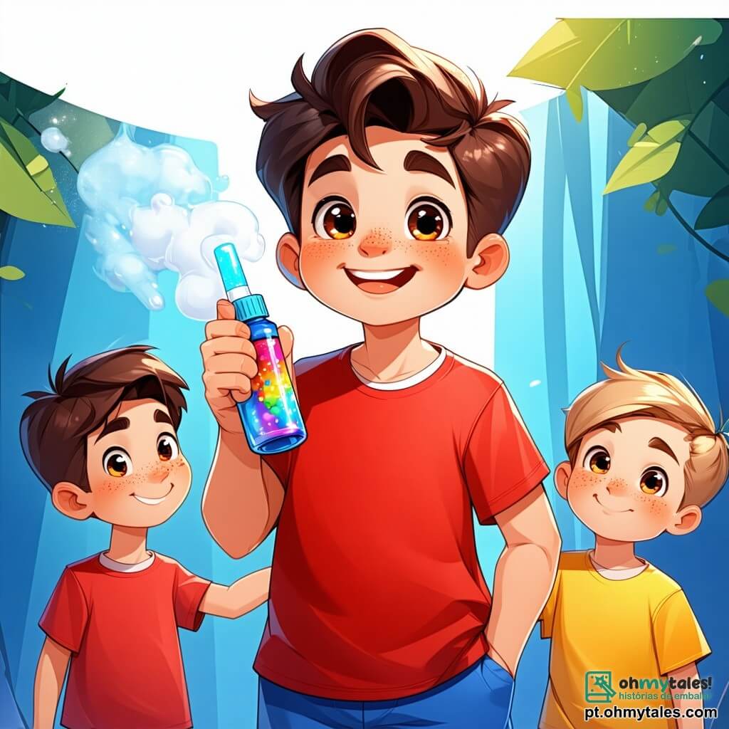 Um menino de 4 anos, Nuno, com cabelos castanhos bagunçados e olhos brilhantes de curiosidade, está no centro da imagem, sorrindo com uma expressão de determinação e alegria. Ele usa uma camiseta vermelha vibrante e um short azul, segurando um inalador colorido na mão direita. Ao lado dele, seu amigo Miguel, um menino de 4 anos com cabelos loiros e olhos azuis, observa Nuno com admiração, braços cruzados, pronto para incentivá-lo. A cena acontece em um parque ensolarado, cheio de flores coloridas e grandes árvores verdes, com um escorregador e balanços ao fundo. Os raios de sol filtram pelas folhas, criando sombras dançantes no chão. Nuno explica aos amigos como usa seu inalador para se sentir melhor, enquanto crianças ao seu redor escutam atentamente, algumas sorrindo e outras anotando em folhas de papel. A atmosfera é alegre e cheia de energia, ilustrando a importância da amizade e do apoio diante dos desafios.