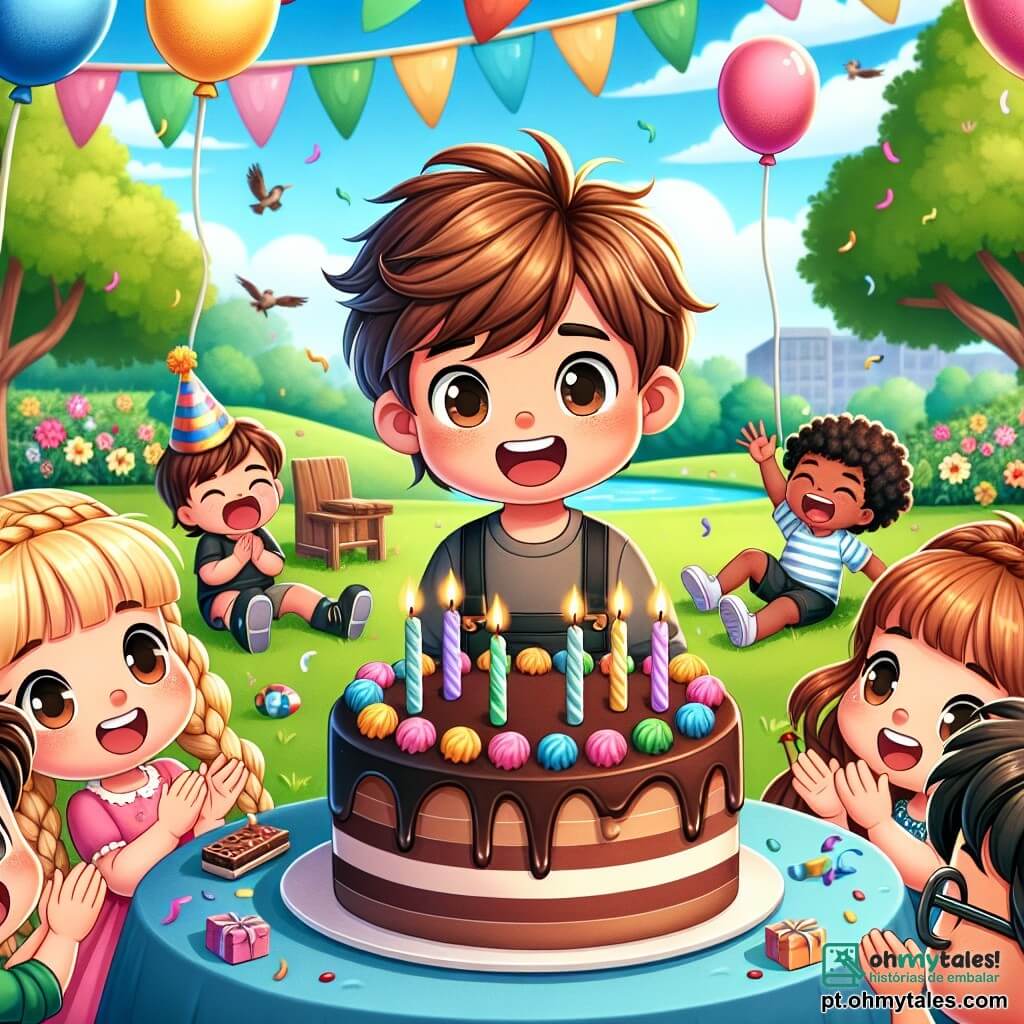 No centro da imagem, Pedro, um menino de seis anos com cabelos castanhos bagunçados e um grande sorriso, está em pé diante de uma mesa decorada com balões coloridos e um enorme bolo de chocolate. À sua direita, Ana, uma menina com cabelos loiros trançados e um vestido rosa, aplaude com entusiasmo. À esquerda, Lucas, um menino de cabelos negros e óculos, ri segurando um pequeno presente. Bia, uma menina com cabelos castanhos cacheados, está sentada na grama, com os olhos brilhando de alegria, enquanto João, um menino de cabelos ruivos, faz um gesto de vitória com os braços levantados. O cenário é um parque ensolarado, com grandes árvores verdes, flores coloridas e um céu azul salpicado de nuvens brancas. A cena mostra Pedro cercado por seus amigos, todos rindo e celebrando seu aniversário, enquanto um pequeno dragão verde, Draguinho, se eleva no ar, criando faíscas mágicas com sua cauda. A atmosfera é festiva e cheia de alegria, capturando o espírito de um aniversário inesquecível.