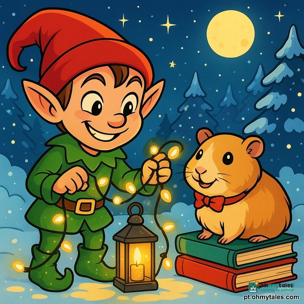 Um pequeno duende travesso de Natal, com um chapéu pontudo vermelho e botas verdes brilhantes, sorri maliciosamente segurando uma guirlanda luminosa nas mãos. Seus olhos brilham de travessura e seu rosto é iluminado por uma suave luz dourada. Ao seu lado, um porquinho-da-índia com pelos sedosos, usando um pequeno laço vermelho no pescoço, observa com curiosidade e um sorriso alegre, sentado sobre uma pilha de livros coloridos. Ao fundo, uma floresta nevada brilha sob a lua, com árvores carregadas de neve e estrelas brilhantes em um céu noturno. A cena mostra o duende decorando um pequeno farol de vidro, cercado por luzes que dançam ao seu redor, criando uma atmosfera festiva e mágica.