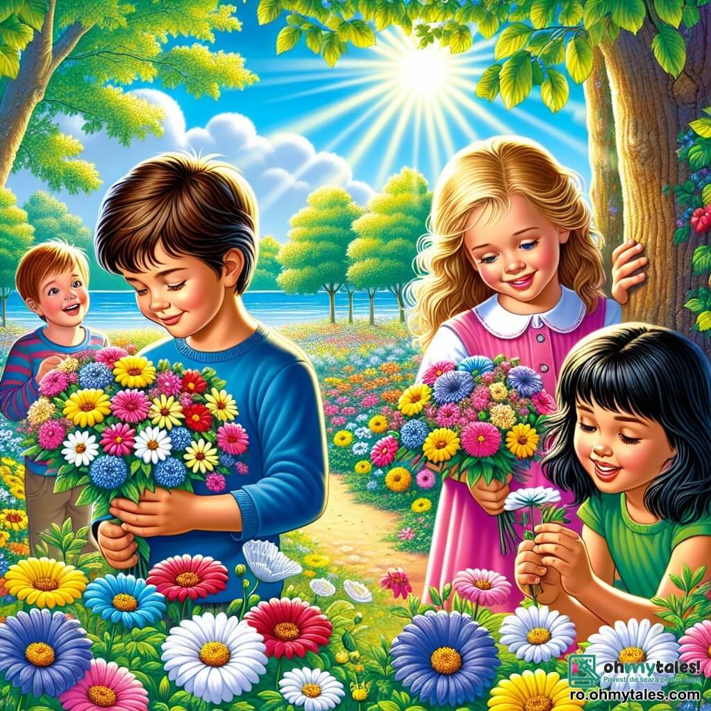 Într-un parc însorit, patru copii se joacă vesel. Andrei, un băiat de 8 ani cu părul brun și ochi strălucitori, este în centru, ținând un buchet de flori colorate. În dreapta lui, Maria, o fetiță de 7 ani cu părul blond și o rochie roz, zâmbește ținând o floare albastră. În stânga, Radu, un băiat de 6 ani cu părul șaten și un tricou verde, privește uimit o floare albă pe care tocmai a cules-o. În cele din urmă, Elena, o fetiță de 7 ani cu părul negru și o fustă galbenă, se ascunde în spatele unui copac, râzând cu poftă. Parcul este plin de flori strălucitoare de toate culorile, iar copacii cu frunze verzi încep să înmugurească. Cerul este de un albastru strălucitor, presărat cu câteva nori albi pufoși. Copiii se distrează culegând flori și jucându-se de-a v-ați ascunselea în spatele copacilor, bucurându-se de frumusețea primăverii din jur.