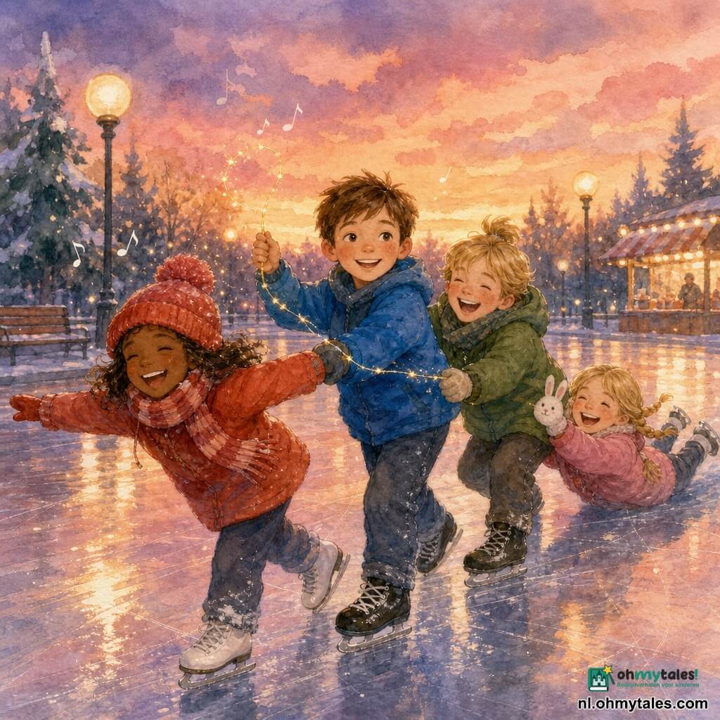 Er zijn vier kinderen: Sam (ongeveer 9 jaar), jongen met kort bruin haar en roze wangen, felblauwe jas, vooraan in het midden, hij houdt in zijn rechterhand een klein fonkelend gouden draadje en kijkt glimlachend vooruit; Noor (ongeveer 9 jaar), meisje met bruin haar onder een grote rode muts en gestreepte sjaal, vooraan links, arm uitgestrekt als een vliegtuig en met lachende ogen; Jens (ongeveer 9 jaar), jongen met blond haar in een klein knotje en groene jas, achter Noor rechts, wiebelt als een “pinguïn” en lacht; Lotte (ongeveer 8 jaar), meisje met blonde vlechten, witte konijnenoor-wanten en roze mantel, achteraan rinkelend over de buik terwijl ze lacht en Sams arm vasthoudt. Plaats: buitenijsbaan bij schemering met glanzend licht gestreept ijs dat roze-oranje hemelkleuren reflecteert, ronde warme lantaarns, houten bankjes, vage frietkraam en besneeuwde dennen. Situatie: de vier kinderen vormen een klein treintje hand in hand en schaatsen samen, het gouden draadje glinstert tussen hen, vloeiende bewegingen, dynamische warme houdingen en een vrolijke speelse sfeer.