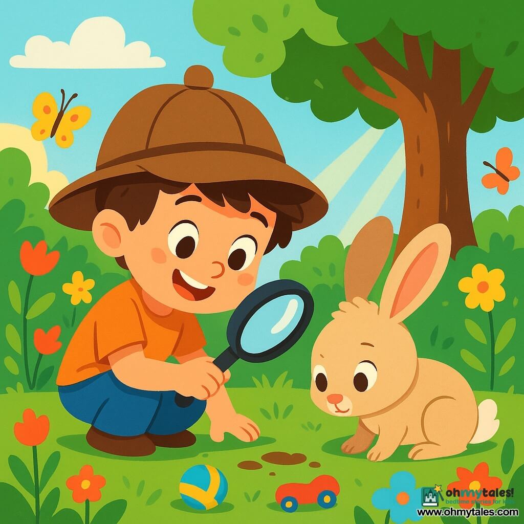 A 4-year-old boy named Max, with messy brown hair and a curious big smile, wears an oversized detective hat. He is crouched in the garden, holding a magnifying glass, his eyes sparkling with excitement. Next to him is a 4-year-old girl named Lily, an adorable bunny with big ears and soft fur, carefully observing the ground, her eyes shining with determination. The garden is filled with colorful flowers, butterflies fluttering around, and a large tree with lush green foliage in the background. Sun rays filter through the branches, creating dancing shadows on the grass. Max and Lily are searching for clues to find Max's lost toy, Zoomy, in the grass, surrounded by scattered toys, in a joyful and adventurous atmosphere.
