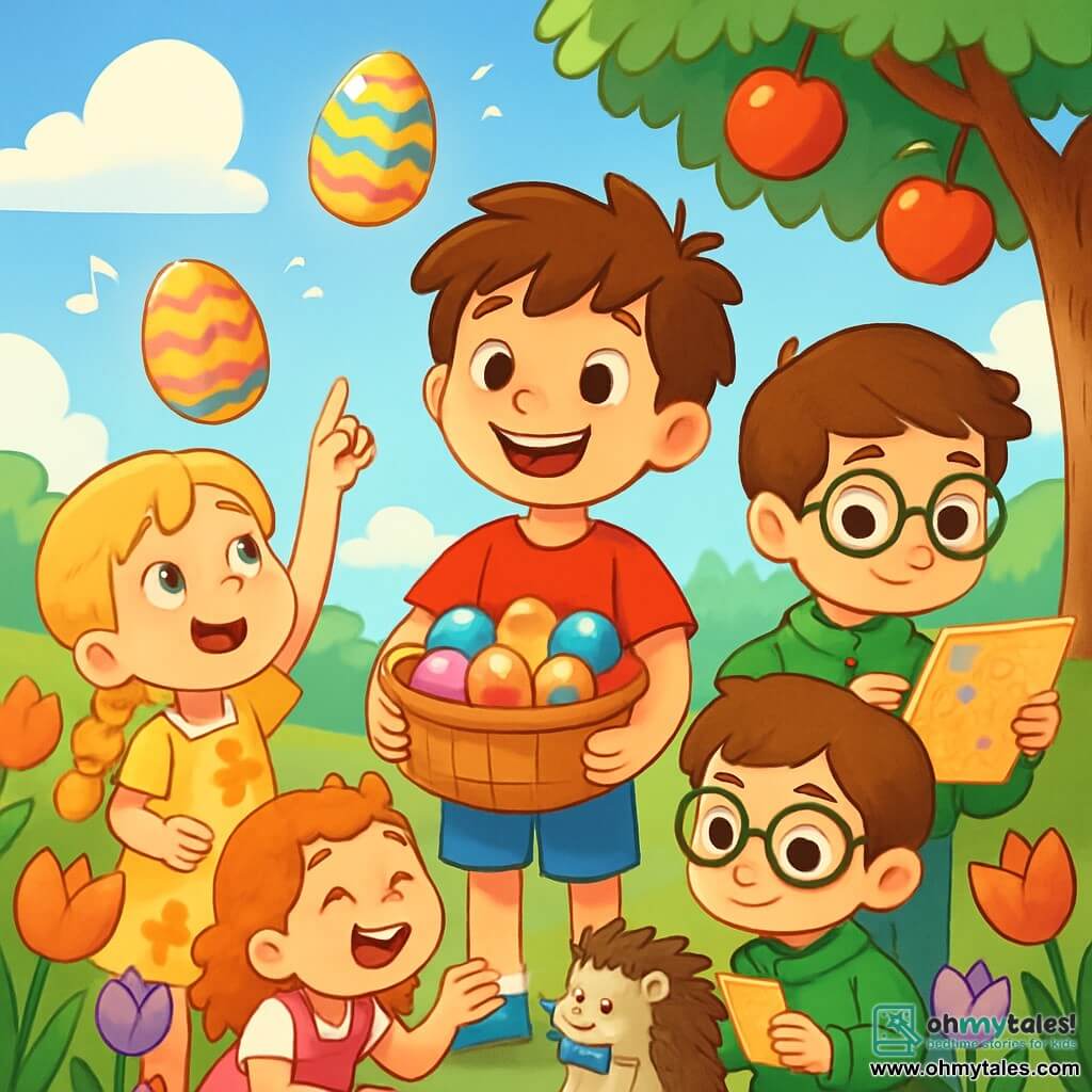 There are 4 children: Max, an 8-year-old boy with messy brown hair, wearing a red t-shirt and blue shorts, standing in the center holding a basket of colorful eggs with a big smile; Lila, a 7-year-old girl with braided blonde hair in a yellow floral dress, to the left of Max, pointing at a floating egg above them, eyes wide with wonder; Jamie, an 8-year-old boy with glasses and brown hair in a green sweater, to the right of Max, focused on taking notes on a sparkling map; and Zoe, a 6-year-old girl with curly red hair in a pink overall, crouched in front of a bow-tied hedgehog, laughing joyfully. The setting is Granny Mabel's enchanting garden, filled with colorful tulips, an upside-down apple tree, and glowing eggs floating in the air, creating a magical and joyful atmosphere. The main scene shows the children preparing for the Easter festival, surrounded by bright flowers and playful animals, each engaged in a special task, with laughter and joy in the air.
