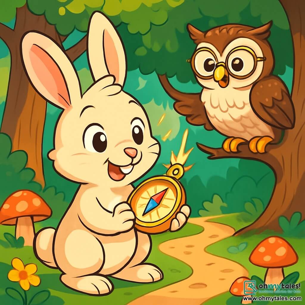 A small rabbit named Oliver, with soft, silky cream-colored fur and bright, curious eyes, holds a sparkling golden compass in his paws. He displays an expression of wonder and excitement, his large ears perked up towards the sky. Next to him, a wise owl with brown and white feathers, wearing round glasses, perches on a branch, watching Oliver with a kind and amused gaze. He seems ready to share his wisdom, his wings slightly spread. The setting is an enchanted forest, with majestic trees and thick trunks, their vibrant green leaves dancing in the wind. Sunbeams pierce through the foliage, illuminating the ground sprinkled with colorful flowers and oddly shaped mushrooms. The scene shows Oliver, the rabbit, following the winding path of the forest, guided by the golden compass, while the owl observes him with interest. The atmosphere is magical and full of promises of adventures to come.
