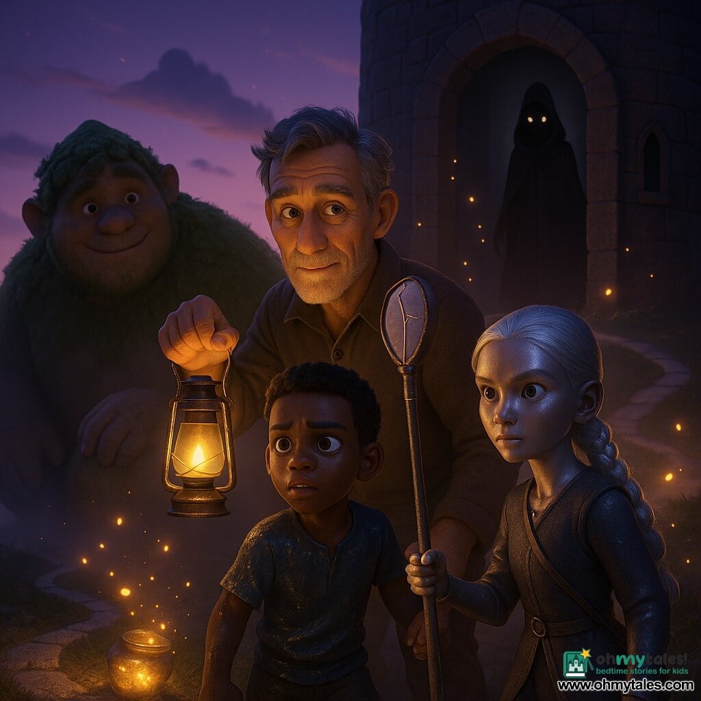 An adult man, Elias, with a gentle, lined face and streaked gray hair, holds a small warm-flame lantern in his right hand and a thin golden string tied at his wrist, standing slightly forward to protect; a teenage girl, Sable, with mirror-like shimmering skin and a silver braid, concentrates while holding a long staff topped with a cracked mirror to Elias’s left and slightly ahead; a determined but nervous boy from the Ripple Crew in wet, water-reflective clothes stands to Elias’s right, clutching another child’s hands; a young giant, Bramblebore, moss-covered and shy-smiling, sits in the background bent to keep the path clear; a slender dark silhouette, the Night Collector, with a tapered coat and pale, pearly eyes, watches from the threshold of the Tower of Extinguished Hours without making threatening gestures; they stand on a hilltop before the tower’s dark cut stones and ancient door with a tear-shaped keyhole under a violet-pink twilight sky, a moon-bone road winding into the valley, light mist and floating golden lights; Elias and his companions have just opened the tower door and are gathering a golden light escaping from a cracked jar, filaments of warm light spreading around them, creating an atmosphere of renewed hope and unity as the dark silhouette hesitates.