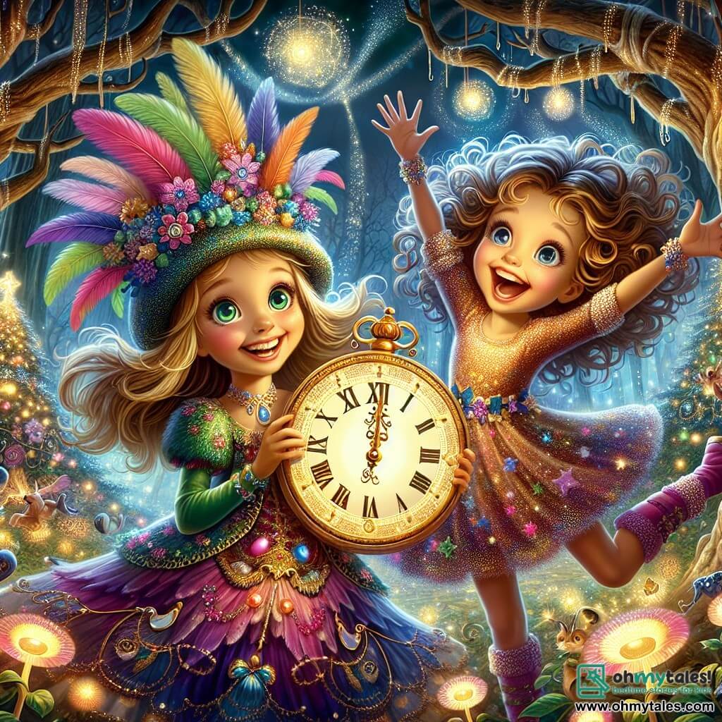 An 11-year-old girl, Mia, stands at the center of the image with bright, large eyes and a radiant smile. She wears a colorful New Year's hat adorned with feathers and glitter, and holds a beautiful golden clock in her hands, symbolizing the magic of New Year's. Her expression is full of wonder and excitement. Next to her, her best friend, Lily, also 11, has curly hair and wears a festive dress with sparkling stars. She is jumping for joy with her arms raised, sharing Mia's enthusiasm. In the background, an enchanted forest can be seen, with majestic twisted trees and glowing flowers illuminating the ground. Sparkling stars shine in the night sky, creating a magical atmosphere. The main scene shows Mia and Lily, surrounded by light and magic, celebrating New Year's with a sparkling clock, ready for an unforgettable adventure in the starry night.