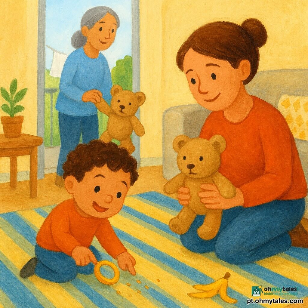 Um menino de 2 anos, Léo, sorridente e curioso, cabelos castanhos encaracolados, olhos redondos, brinca com uma pequena lupa de plástico e aponta para uma trilha de migalhas num tapete colorido; a mãe (cerca de 30 anos), cabelo castanho preso em coque, sorriso suave, agacha-se ao lado dele à direita do sofá segurando um ursinho de pano encontrado; uma vizinha (cerca de 40 anos), cabelo grisalho em rabo de cavalo, está na porta-janela da varanda à esquerda ao fundo segurando a outra parte do ursinho, com o sol atrás; a sala é luminosa, tapete listrado amarelo e azul, pequena mesa de madeira, almofadas geométricas, porta-janela entreaberta com uma brisa que movimenta um tecido na varanda; no chão perto do sofá há migalhas e uma casca de banana; atmosfera calorosa, cores suaves e textura de guache, traços largos e contornos ligeiramente desfocados para um aspecto terno e infantil.
