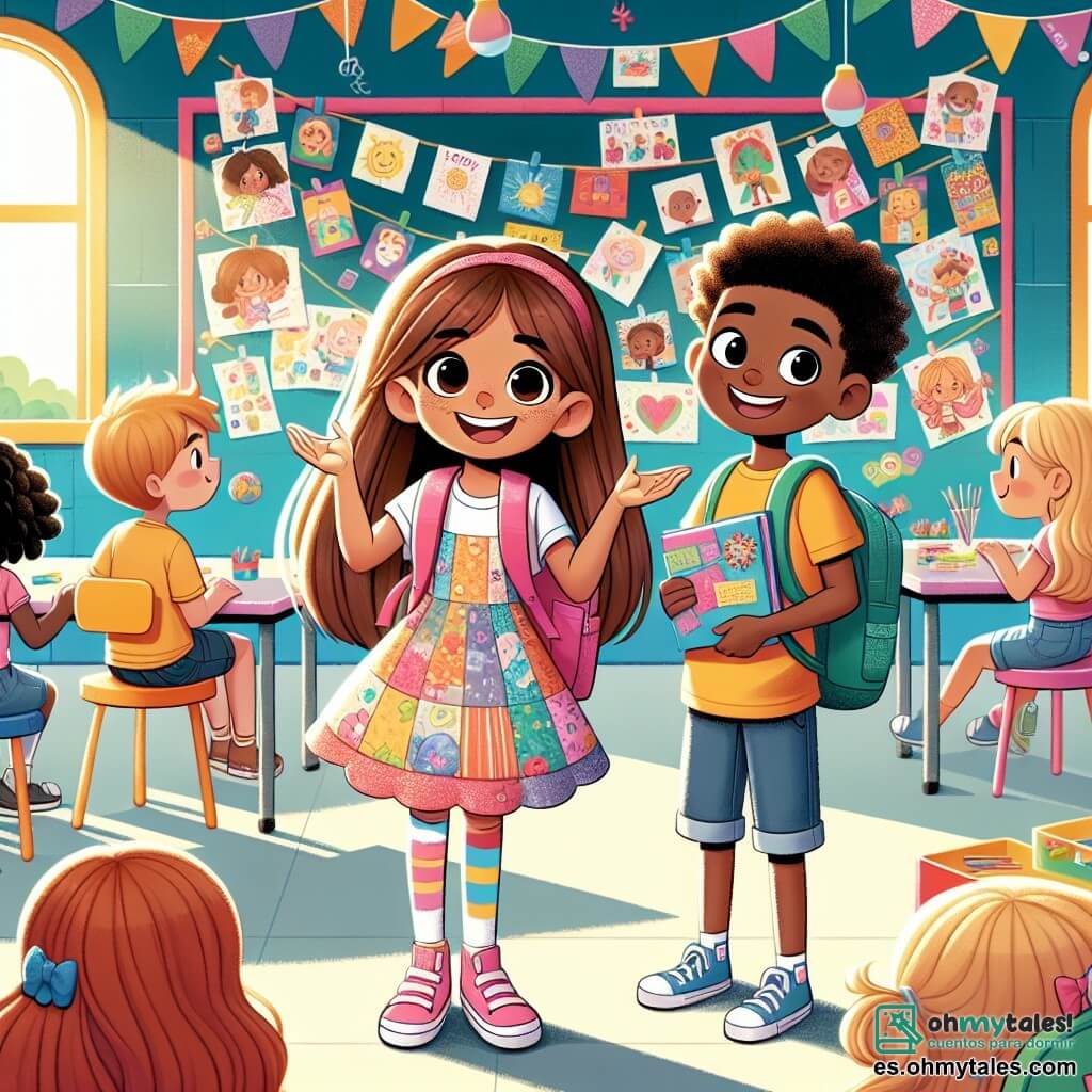 Hay dos personajes principales: 1. **Sofía**, una niña de 8 años con cabello largo y castaño, que lleva un vestido colorido con flores y una mochila rosa. Está de pie, sonriendo, con una expresión de emoción en el rostro, sosteniendo un libro en sus manos. 2. **Clara**, una niña de 8 años con cabello rizado y rubio, vestida con una camiseta amarilla y un short de mezclilla. Se encuentra al lado de Sofía, señalando un gran cartel decorado con dibujos de niños y palabras de aliento. La escena tiene lugar en una escuela luminosa y acogedora, con grandes paredes pintadas de colores vivos, ventanas que dejan entrar la luz del sol y carteles coloridos por todas partes. Se pueden ver mesas redondas y sillas dispuestas en círculo, así como una pizarra al fondo de la sala, llena de dibujos de alumnos. La situación principal muestra a Sofía y Clara, alegres y comprometidas, trabajando juntas en un proyecto escolar, rodeadas de compañeros de clase. Están recolectando materiales para crear una gran torre utilizando espaguetis y malvaviscos, simbolizando el espíritu de equipo y la creatividad de su primera semana de escuela.