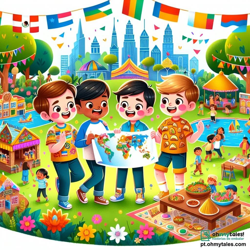 Em um parque vibrante de cores, quatro meninos estão juntos, cada um representando uma cultura diferente. Lucas, um menino de 10 anos com cabelos castanhos e olhos brilhantes, sorri alegremente segurando uma pequena bandeira. À sua direita, Tiago, um menino de 11 anos com cabelos negros e pele levemente bronzeada, observa atentamente um mapa da cidade que eles desenharam. À esquerda, Pedro, um menino de 10 anos com cabelos loiros e olhos azuis, usa uma camiseta com estampa de tacos e mostra uma maquete de parque. Por fim, Rafael, um menino de 11 anos com cabelos castanhos e pele clara, dança alegremente imitando movimentos de dança indonésia. O parque está cheio de flores coloridas, grandes árvores verdes e mesas onde famílias saboreiam pratos do mundo todo. Bandeirinhas coloridas flutuam ao vento, criando uma atmosfera festiva e acolhedora. A cena principal mostra os meninos discutindo e planejando seu projeto de cidade multicultural, cercados por elementos que representam diferentes culturas, como miniaturas de casas, pratos típicos e instrumentos musicais, trocando ideias com entusiasmo e ilustrando a importância da diversidade e da amizade.