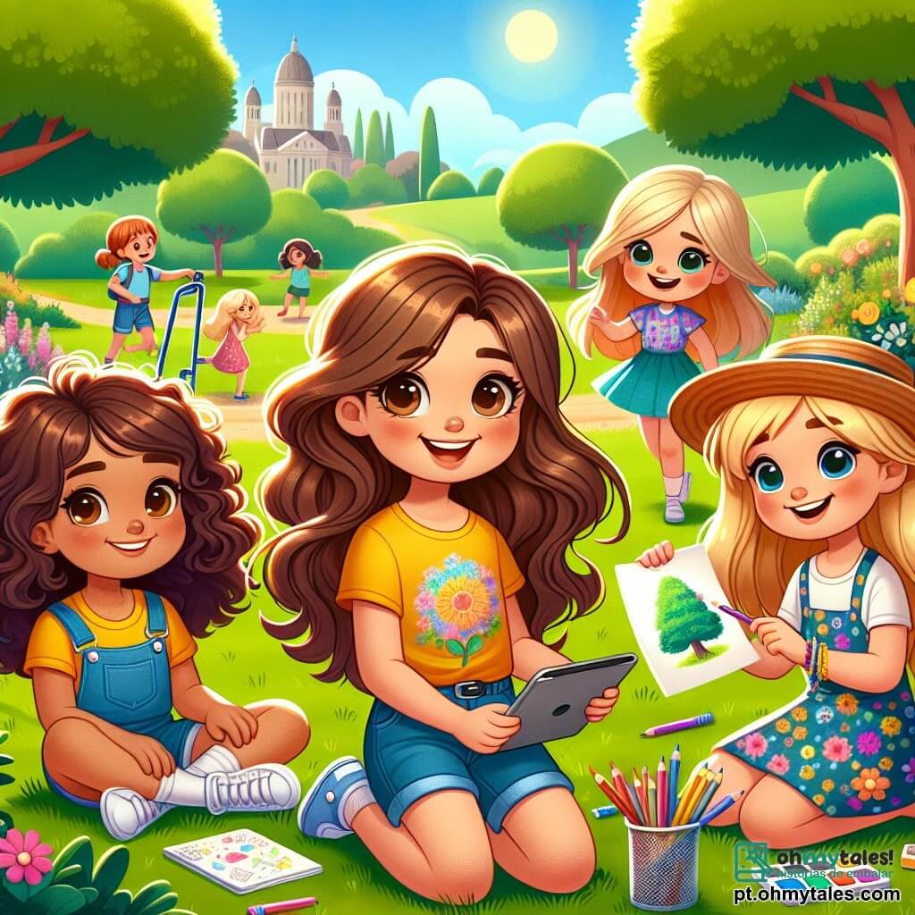 Em um parque ensolarado, quatro meninas de 9 anos estão reunidas. Ana, com cabelos castanhos e cacheados, veste uma camiseta amarela e um short jeans. Ela está sentada na grama, com os olhos brilhando de entusiasmo, segurando um caderno. Ao lado dela, Beatriz, com cabelos longos e lisos, usa um vestido florido e está inclinada sobre um tablet, sorrindo ao descobrir informações. Clara, que usa um cadeirinho, tem cabelos loiros e veste uma camiseta azul. Ela está desenhando uma árvore grande em uma folha de papel, com um sorriso radiante no rosto. Por fim, Daniela, com cabelos castanhos e um chapéu de palha, está em pé, segurando uma caixa de lápis de cor, pronta para compartilhar seus desenhos. O parque está cheio de verde, com árvores majestosas, flores vibrantes e um céu azul claro. Ao longe, crianças brincam e riem, criando uma atmosfera alegre. As quatro amigas discutem entusiasticamente seu projeto sobre a importância de usar as telas com responsabilidade, enquanto se envolvem em atividades criativas, longe dos dispositivos eletrônicos.