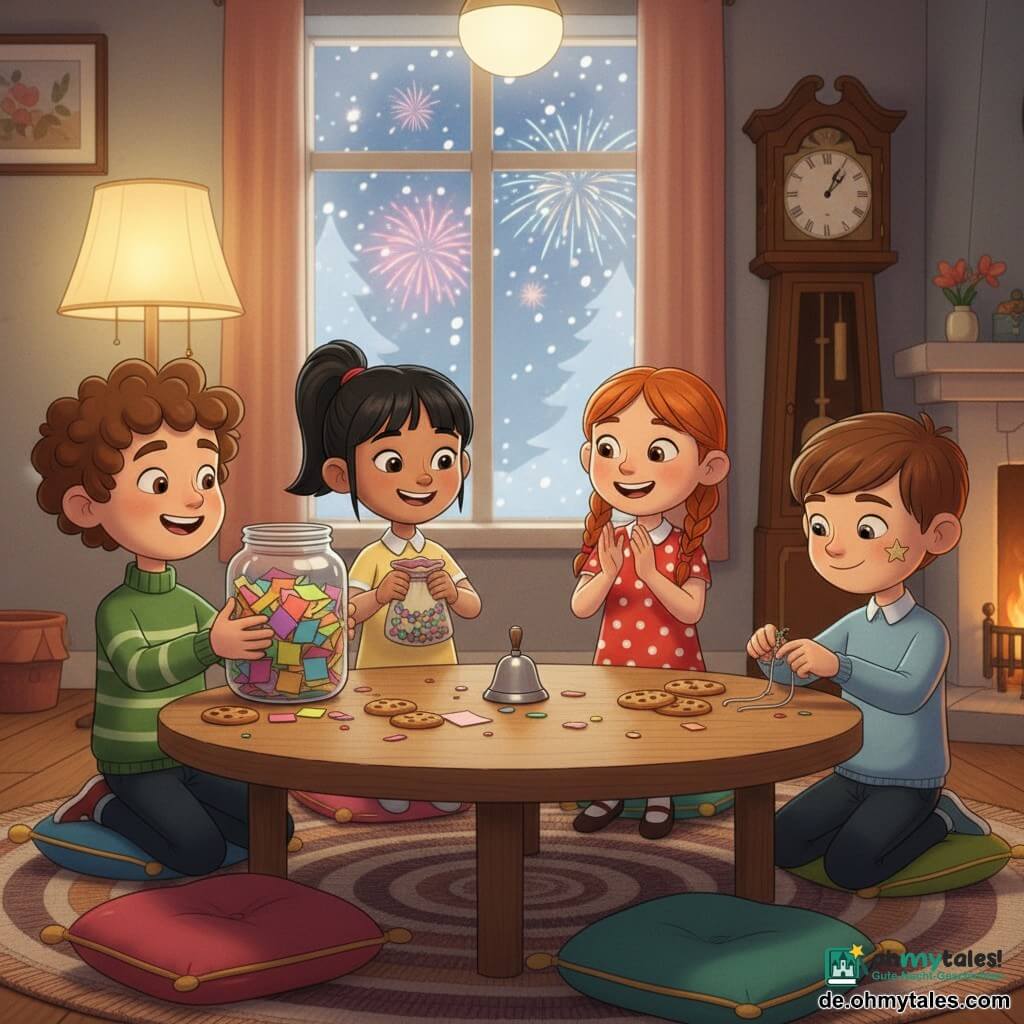 Vier Kinder versammelt um einen großen Glasspokal auf einem runden Holztisch in einem gemütlichen Winterwohnzimmer: Paul, etwa 8, lockiges braunes Haar, grüner gestreifter Pullover, sitzt vorne links und hält das Glas, lächelnd; Emma, etwa 7, rothaarig mit Zöpfen, rotes gepunktetes Kleid, sitzt rechts von Paul, klatscht vor Freude und hält einen kleinen roten Zettel; Mira, etwa 6, schwarze Haare zu Zöpfen, farblich unterschiedliche Socken, sitzt gegenüber Paul, lächelt und hält ein Perlenetui; Ben, etwa 8, kurz hellbraunes Haar, hellblaues Hemd, sitzt rechts nahe bei Emma, knüpft konzentriert ein Freundschaftsarmband und klebt einen Sternaufkleber. Im Raum: warme gelbe Beleuchtung von Lampe und Kamin, gefrorenes Fenster mit Schneeflocken und fernen Feuerwerken, alte Uhr im Hintergrund, bunte Kissen, gewebter Teppich. Stimmung: festlich, Kinder basteln Freundschaftsarmbänder aus bunten Zetteln, bereiten sich vor, eine kleine silberne Glocke zu läuten; Lachen, Konfetti und Kekse auf dem Tisch.