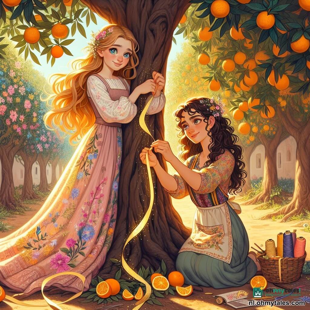 Elara, een jonge vrouw met lange gouden haren en nieuwsgierige ogen, staat voor een majestueuze sinaasappelboom. Ze draagt een lichte pastelgekleurd jurk met bloemenmotieven, en haar gezicht straalt medeleven uit terwijl ze zachtjes de schors van de oude boom aanraakt. Naast haar is Livia, een vrouw van in de dertig met krullend bruin haar en creatieve ogen, bezig een prachtige gouden band om de stam van de boom te knopen. Ze draagt een kleurrijke blouse en een schort vol zakken, vol met garen en scharen. De locatie is een zonnige laan, omzoomd met bloeiende sinaasappelbomen, waarvan de feloranje bloemblaadjes als confetti op de grond vallen. Het zonlicht filtert door de bladeren, waardoor een spel van dansende schaduwen op de aarde ontstaat. Elara en Livia delen een magisch moment, terwijl ze samen een gouden band om de stam van de boom weven, terwijl de oude sinaasappelboom begint te stralen, zijn bladeren fonkelen als sterren, wat symbool staat voor wedergeboorte en hoop.