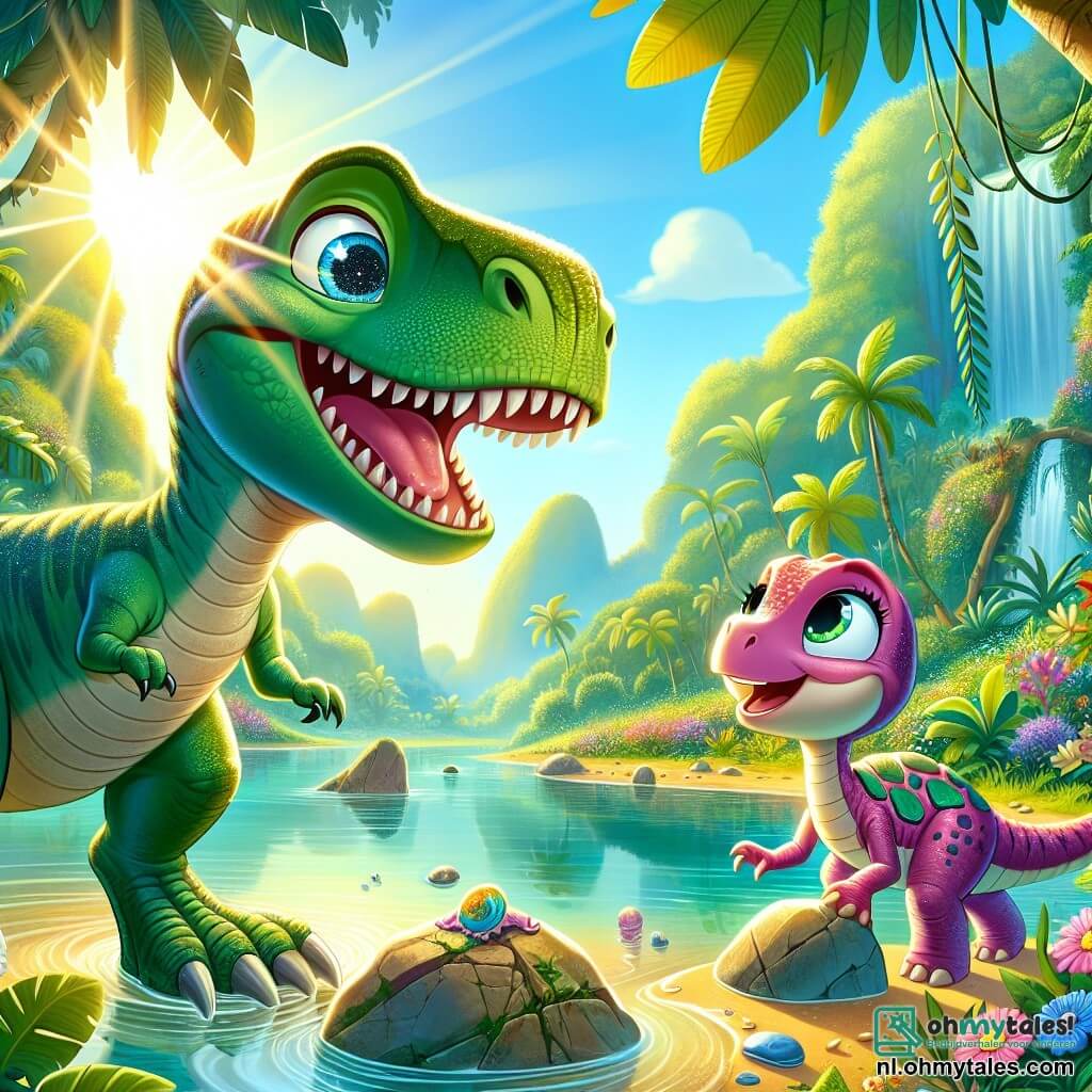 Een jonge Tyrannosaurus Rex genaamd Timo, met een stralend groene huid en nieuwsgierige sprankelende ogen, staat aan de oever van een prachtig meer met een verwonderde blik. Hij toont zijn scherpe tanden in een grote glimlach, klaar om een nieuw avontuur te beleven. Naast hem moedigt zijn beste vriendin, Stella, een stegosaurus met roze schubben en grote groene platen op haar rug, hem enthousiast aan, haar ogen stralend van opwinding. Op de achtergrond is de weelderige jungle gevuld met grote bomen met kleurrijke bladeren, stralende bloemen en zonnestralen die door het loof filteren, wat een magische sfeer creëert. Timo en Stella hebben zojuist een oud mysterieus artefact ontdekt, glinsterend aan de waterkant, en ze bereiden zich voor om het samen te verkennen, vol verlangen om de geheimen te ontdekken die het verbergt.