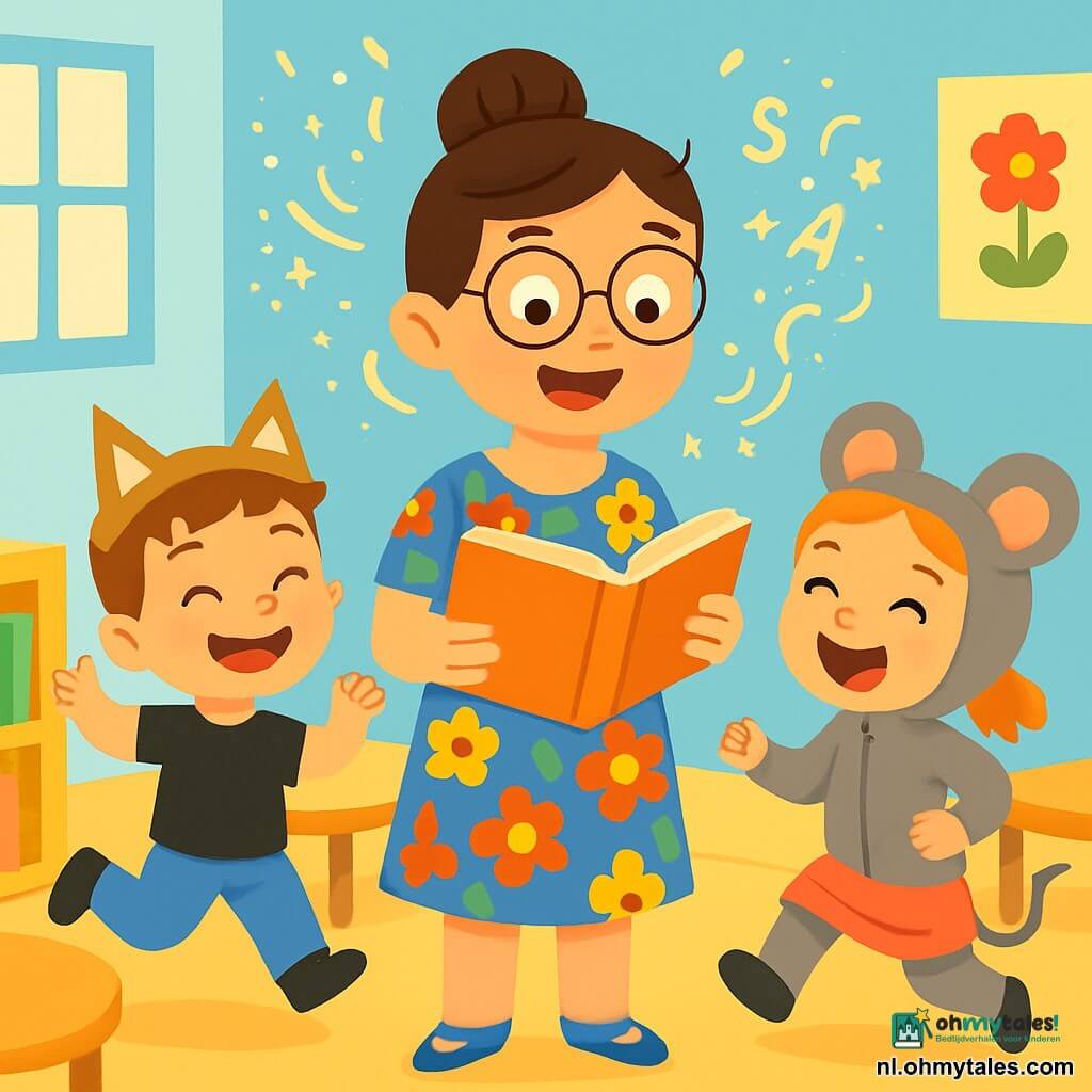 Een glimlachende juf Sanne staat in het midden van de klas, met bruin haar in een knot en ronde bril. Ze draagt een kleurrijke bloemenjurk en heeft een vrolijke, enthousiaste blik. Ze houdt een open boek in haar handen, omringd door zwevende magische woorden. Links van haar staat een 6-jarig jongetje, Jan, verkleed als kat met papieren kattenoren. Hij springt met een grote glimlach en glinsterende ogen van opwinding. Rechts van haar staat een 6-jarig meisje, Emma, in een muizenkostuum dat doet alsof ze rent en vrolijk lacht. De scène speelt zich af in een lichte klaslokaal met lichtblauwe muren, kleurrijke posters en houten tafels in een cirkel. Levendige boeken liggen op een plank en knuffels liggen verspreid op de vloer. Juf Sanne leest een magisch boek terwijl de kinderen spelen en de personages uit het verhaal imiteren. Woorden komen tot leven om hen heen, wat een sfeer van vreugde en verbeelding creëert.