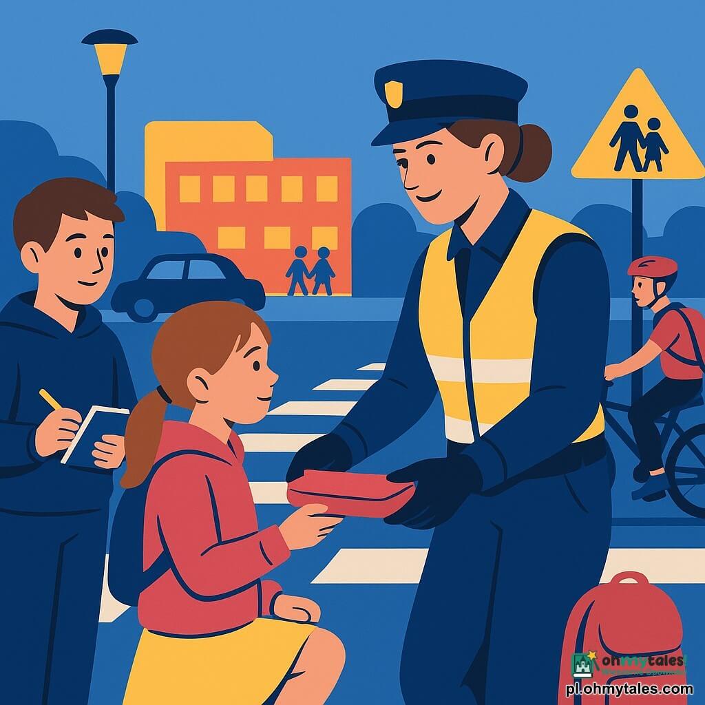 Uśmiechnięta spokojna policjantka ok. 30–40 lat, brązowe włosy w koku, granatowy mundur z fluorescencyjną kamizelką, w rękawiczce podaje piórnik siedmioletniej dziewczynce; chłopiec Kuba, 11 lat, krótkie jasnobrązowe włosy, granatowa bluza, trzyma notes i ołówek, stoi nieco z lewej z zachwyconym spojrzeniem; dziewczynka ok. 7 lat w różowej kurtce i kitce, lekko klęczy, odbiera piórnik, widocznie z ulgą i nieśmiałością; nastoletni rowerzysta ok. 15 lat, czerwony kask, słuchawka w uchu, rower z tyłu po prawej, podnosi rękę na znak przeprosin; scena przed szkołą rano: szerokie pasy, znak zatrzymania szkolnego, latarnia, ławka i plecak na ziemi, zaparkowane samochody, sylwetki dzieci w tle; styl graficzny: płaskie kontrastowe kolory (głęboki błękit, żółć fluorescencyjna, róż, biel), minimalne cienie, grube linie, czytelna pedagogiczna kompozycja skupiona na spokojnej wymianie między policjantką a dziećmi.