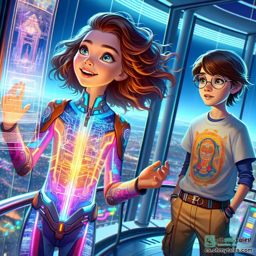 Una niña de 12 años, Elena, está en la cima de una alta torre de cristal, con los ojos brillantes de asombro. Tiene el cabello castaño ondulado que flota ligeramente en el viento y lleva un traje futurista colorido con patrones luminosos. Su rostro expresa curiosidad y emoción mientras observa un holograma de un antiguo plano de la ciudad proyectado frente a ella. A su lado, Lucas, un niño de 12 años con cabello corto y gafas redondas, examina atentamente el holograma. Lleva una camiseta gráfica y pantalones cargo, y su expresión es concentrada, mostrando su interés por el misterio que están descubriendo juntos. La escena tiene lugar en la sala de observación de la torre, un espacio moderno con paredes de vidrio transparente que ofrece una vista panorámica de la ciudad futurista de Lumina, iluminada por neones multicolores y vehículos flotantes en el cielo nocturno. La situación principal muestra a Elena y Lucas descubriendo un holograma de un antiguo plano de la ciudad, revelando secretos olvidados, mientras una luz brillante emana del espejo mágico que encontraron, iluminando sus rostros con un resplandor fascinante.