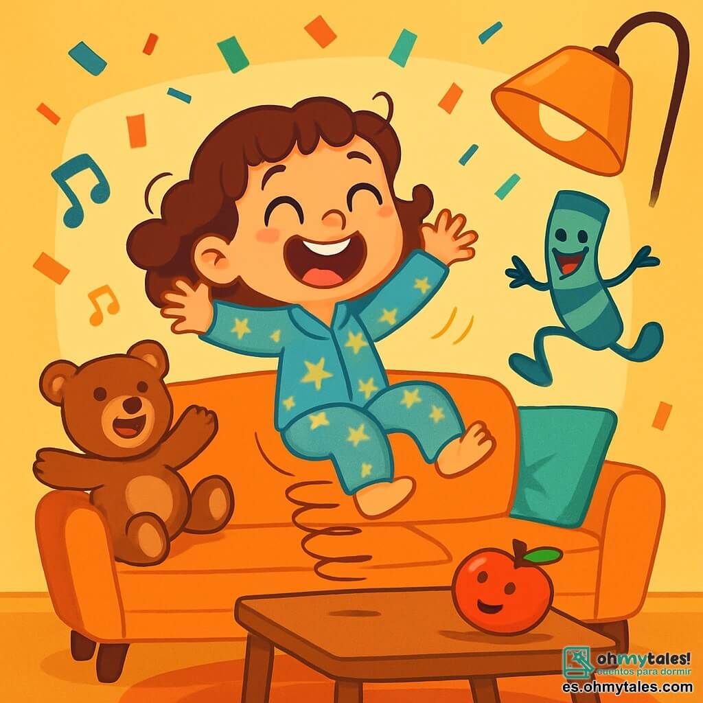 Una niña de 6 años, con grandes ojos brillantes y cabello rizado, lleva un pijama azul con estampado de estrellas y lunas. Se ríe a carcajadas, sentada en un sofá que salta como una rana, rodeada de confeti colorido que cae del techo. A su lado, un osito de peluche, con una sonrisa alegre y voz de pato, canta una canción divertida. Un calcetín azul a rayas verdes, con una cara sonriente, hace acrobacias en el aire, añadiendo un toque de locura a la escena. El lugar es una sala acogedora, decorada con cojines coloridos, paredes pintadas de amarillo brillante y una lámpara que danza alegremente sobre ellos. La situación principal muestra a la niña y sus amigos objetos en plena fiesta, riendo y bailando juntos, mientras una manzana voltereta rueda alegremente sobre la mesa, creando un ambiente de magia y felicidad.