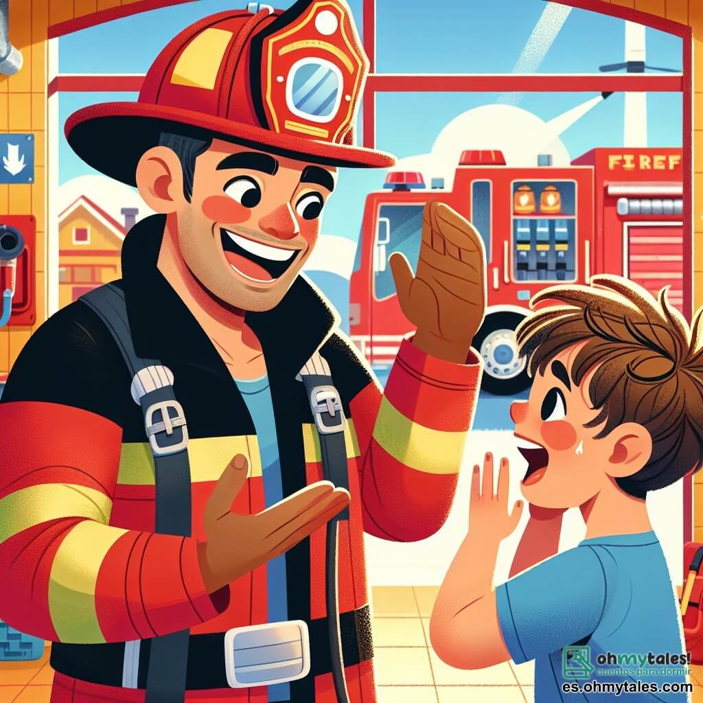 Un bombero sonriente, un hombre de unos treinta años, lleva un casco brillante y un uniforme rojo con bandas reflectantes. Está hablando con entusiasmo con un niño pequeño, sus ojos brillando de alegría y orgullo. El niño, de unos 7 años, tiene el pelo castaño despeinado y una camiseta azul. Lo mira con admiración, los ojos muy abiertos, y hace un gesto con la mano como si también quisiera ser bombero. La escena tiene lugar en una colorida estación de bomberos, con camiones rojos estacionados afuera, herramientas de rescate colgadas en las paredes y carteles sobre seguridad contra incendios. El sol brilla a través de las ventanas, iluminando el lugar con una luz cálida. El bombero explica con pasión su trabajo al niño, mostrándole una manguera grande e imitando el sonido del agua que sale, mientras el niño ríe e imagina que está salvando animales y personas.
