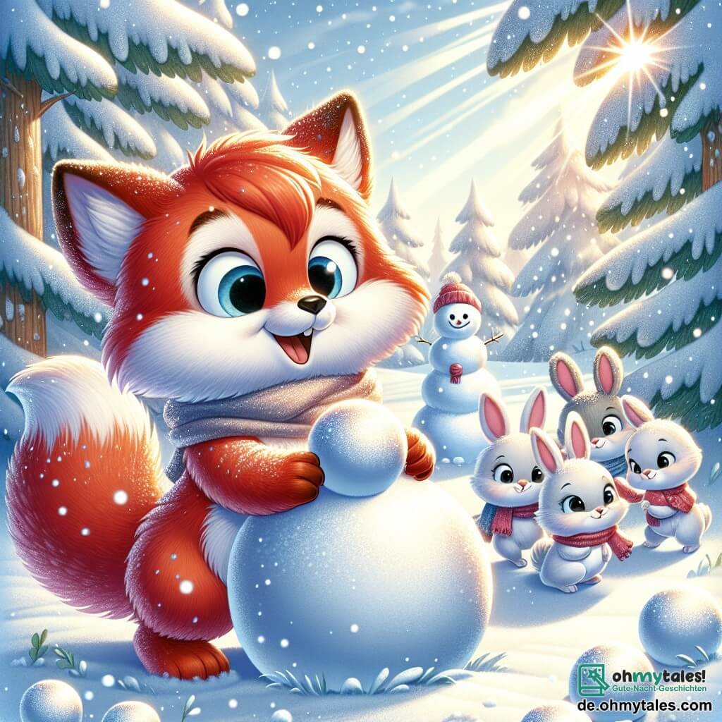Ein kleiner, leuchtend roter Fuchs mit großen, neugierigen Augen und einem fröhlichen Lächeln rollt eine große Schneekugel auf einer sonnigen Lichtung, umgeben von sanft fallenden, funkelnden Schneeflocken. In der Nähe beschäftigt sich eine Familie von weichen, weißen Kaninchen mit funkelnden Augen, die eifrig Schneekugeln stapeln, um einen Schneemann zu bauen, während ihre kleinen Pfoten begeistert herumfuchteln. Der Ort ist eine verzauberte Lichtung, umgeben von großen Bäumen mit schneebedeckten Zweigen, durch die die Sonne scheint und Lichtblitze auf den weißen Boden wirft. Die Hauptsituation zeigt den Fuchs und die Kaninchen, die gemeinsam in einer fröhlichen Atmosphäre arbeiten, lachen und lächeln, während sie zusammen einen wunderschönen Schneemann erschaffen, ein Symbol ihrer Freundschaft und der Magie des Winters.