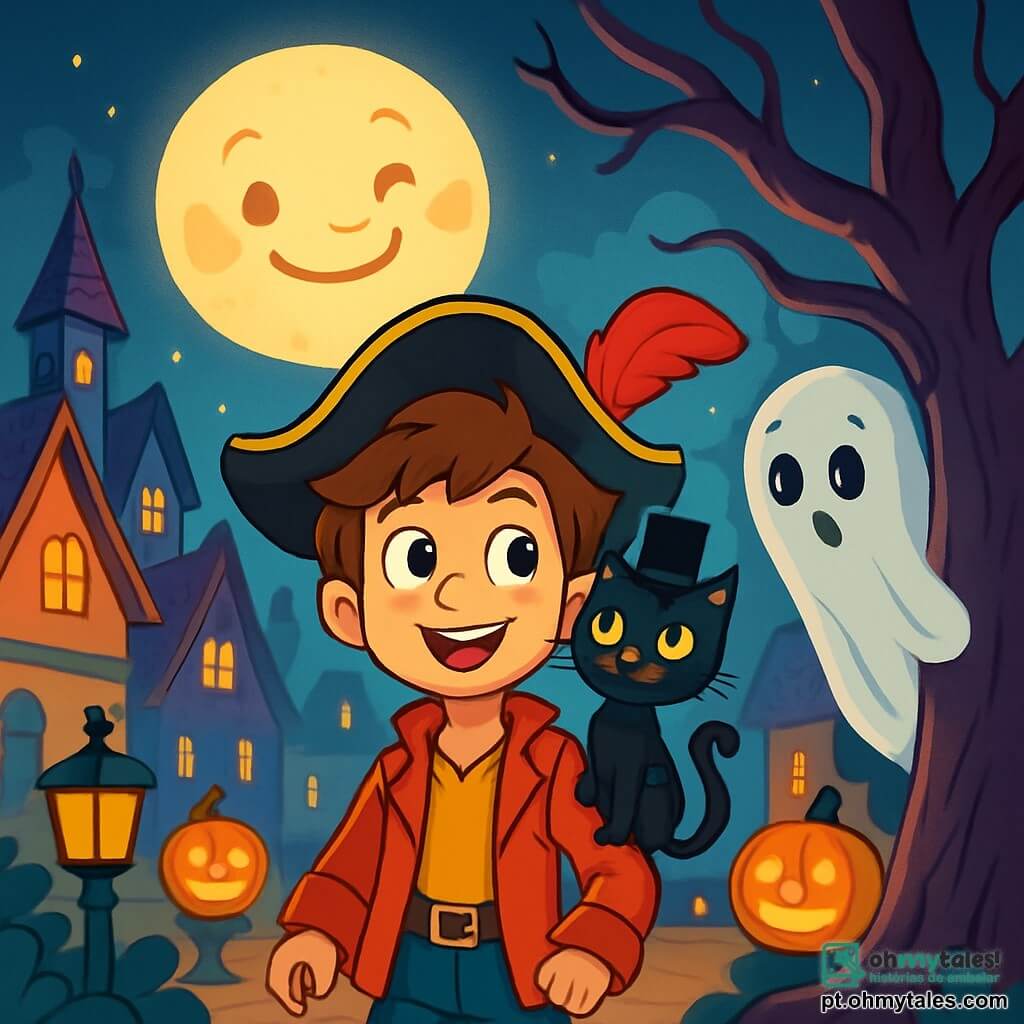 Um menino de 10 anos, Hugo, com cabelos castanhos bagunçados e olhos brilhantes de curiosidade, está no centro de uma cidade mágica de Halloween. Ele veste um traje de pirata com um chapéu preto adornado com uma pena vermelha, e seu rosto expressa alegria maravilhada, iluminado pela luz de uma grande lua sorridente. Ao seu lado, um elegante gato negro, o Senhor Bigodes, com um pequeno bigode e uma cartola, está em seu ombro, olhando ao redor com um ar travesso. Um fantasma tímido, o Guarda-Chaves, se esconde atrás de uma árvore torta, com um lençol branco flutuante e olhos brilhantes, observando Hugo com admiração. O cenário é uma cidade de Halloween, com casas de telhados pontudos e coloridos, lanternas em forma de abóbora iluminadas e árvores com galhos tortos, criando uma atmosfera mágica e ligeiramente misteriosa. Nessa cena, Hugo descobre a magia da cidade, pronto para enfrentar um desafio, enquanto criaturas fantásticas dançam ao seu redor, aumentando a excitação da aventura.