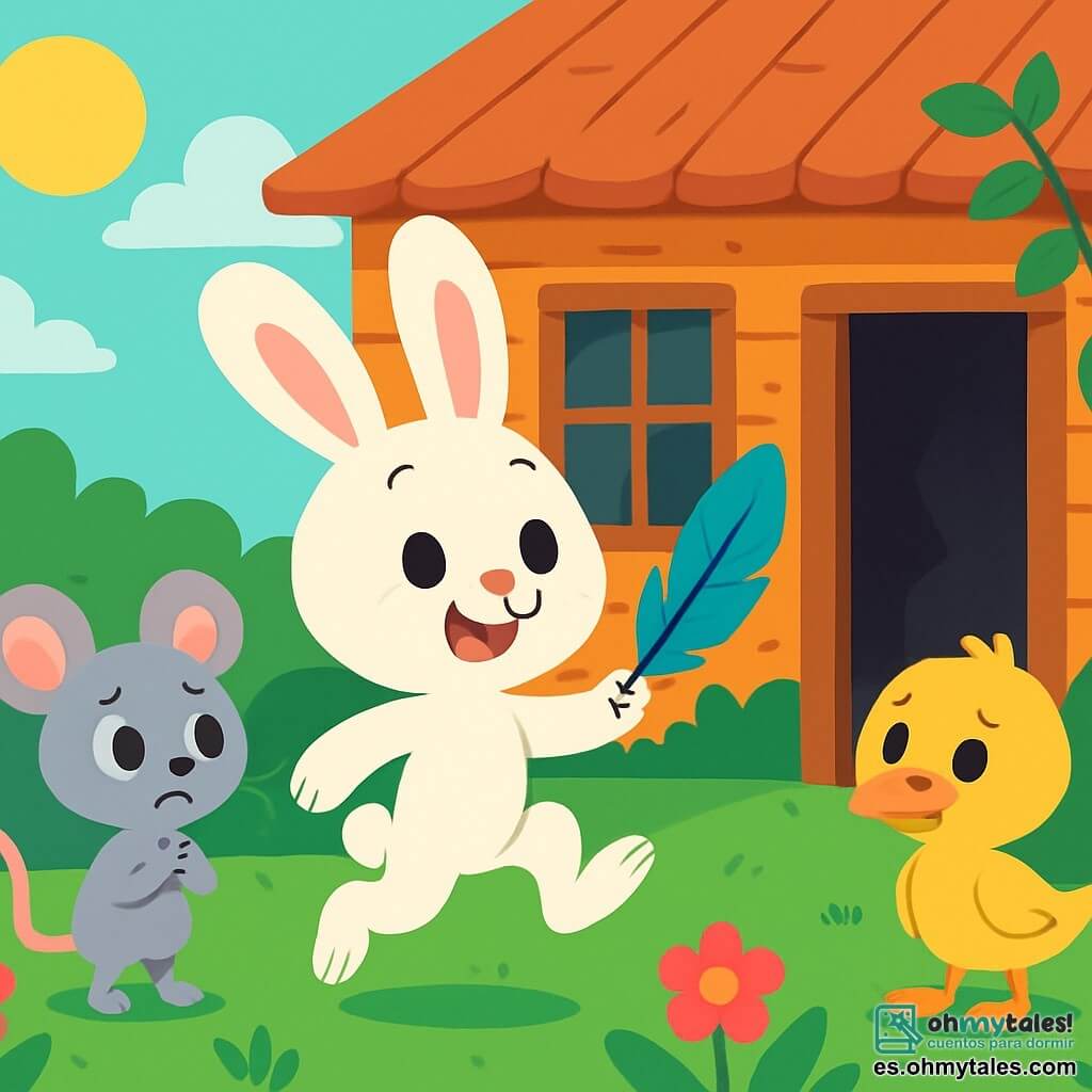 Lolo el pequeño conejo, con su pelaje blanco y grandes orejas, está saltando alegremente frente a una vieja casa de madera, sus ojos brillando de curiosidad y una sonrisa traviesa en su rostro. A su lado, Rina la mapache, pequeña y gris con grandes orejas, mira a su alrededor con una expresión inquieta, mientras que Tomi el pato, con su plumaje amarillo brillante, se mantiene un poco al margen, intrigado pero algo dudoso. La casa, rodeada de flores coloridas y lianas verdes, tiene ventanas polvorientas y una puerta de madera agrietada, dejando entrever sombras misteriosas en su interior. En esta escena, Lolo examina una pluma azul brillante que encontró, mientras Rina y Tomi lo observan, los tres listos para resolver el misterio que les espera.